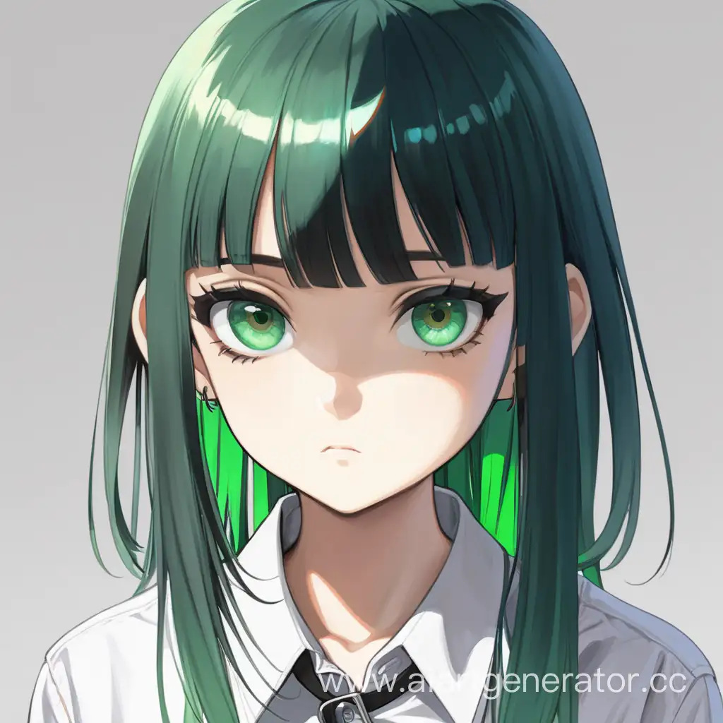 1girl, bangs, black hair, closed mouth, collared shirt, expressionless, green eyes, green hair, hair between eyes, looking at viewer, medium hair, multicolored hair, shirt, solo, two-tone hair, upper body, white shirt