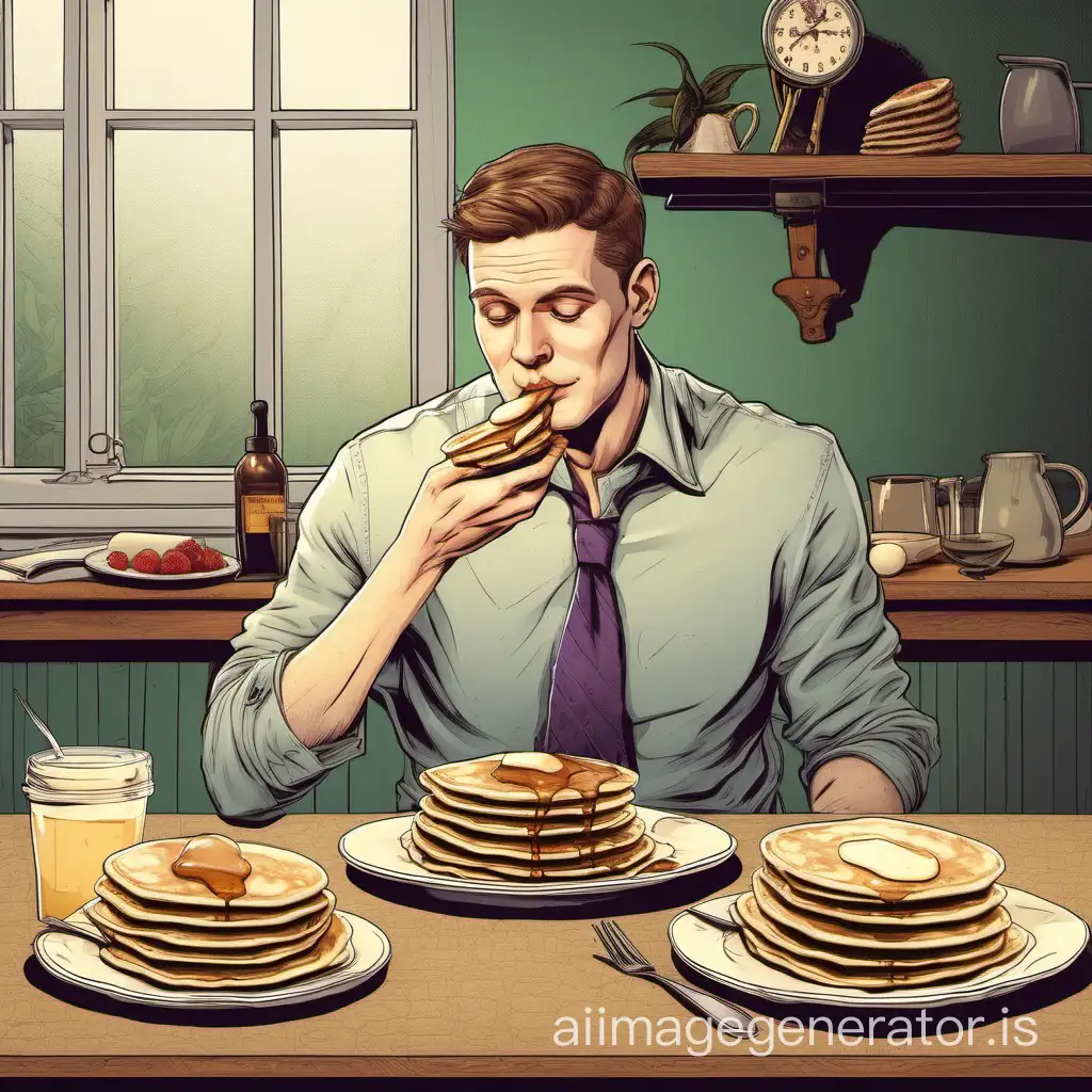 A very smart white male eats pancakes