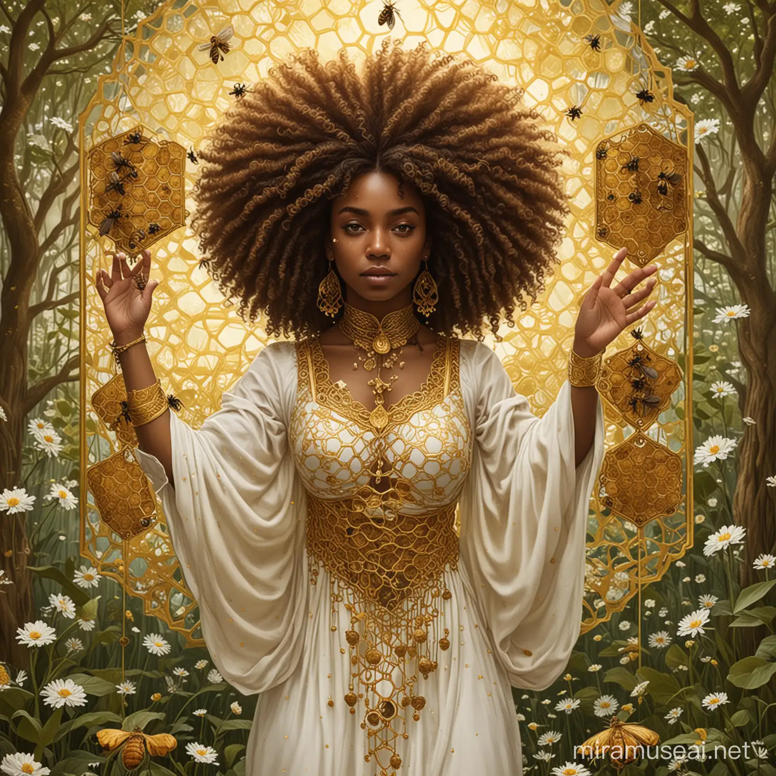 Create a tarot card that represents the hanged woman. She is Afro-Indigenous handling upside down from a Honeycomb with her hands behind her back. She has naturally curly hair and is dressed in gold and white with a enchanted garden full of honeybees