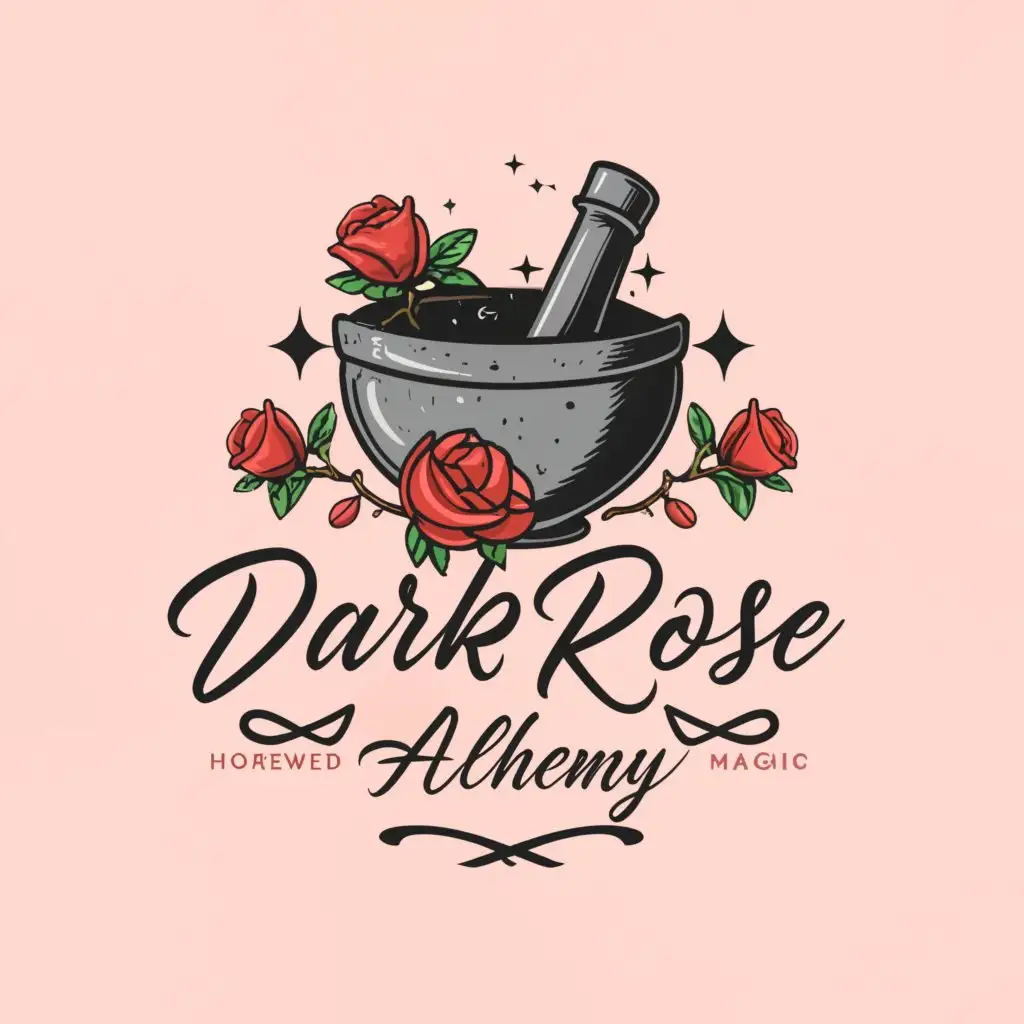 a logo design,with the text 'Dark Rose Alchemy' as the company name curved over the top of the graphic, and 'Home Brewed Magic' as the slogan at the bottom, main symbol:mortar and pestle+rose, Moderate,be used in witchcraft industry,clear background, goth aesthetic