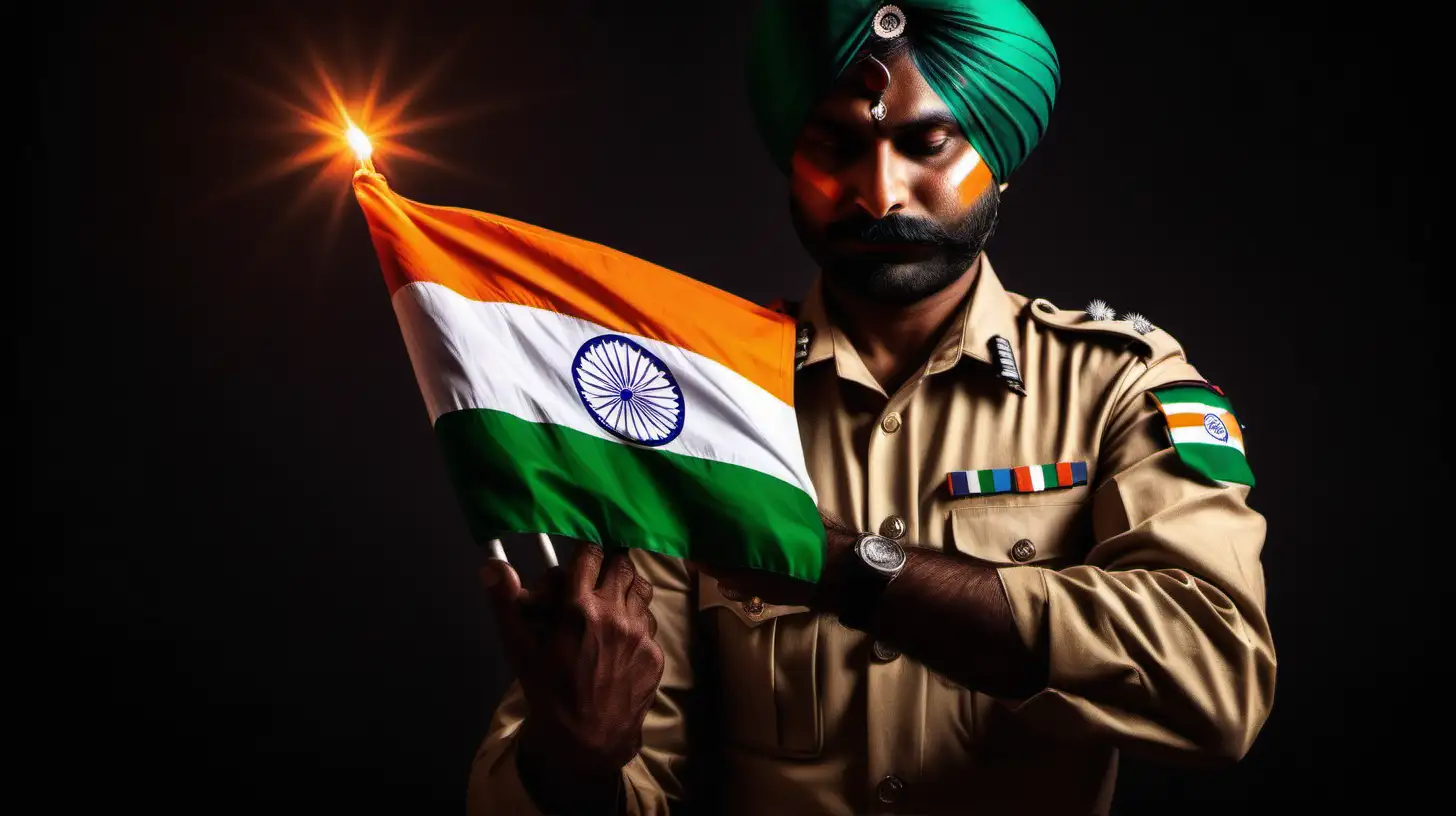 Patriotic Soldier Holding Glowing Indian Flag