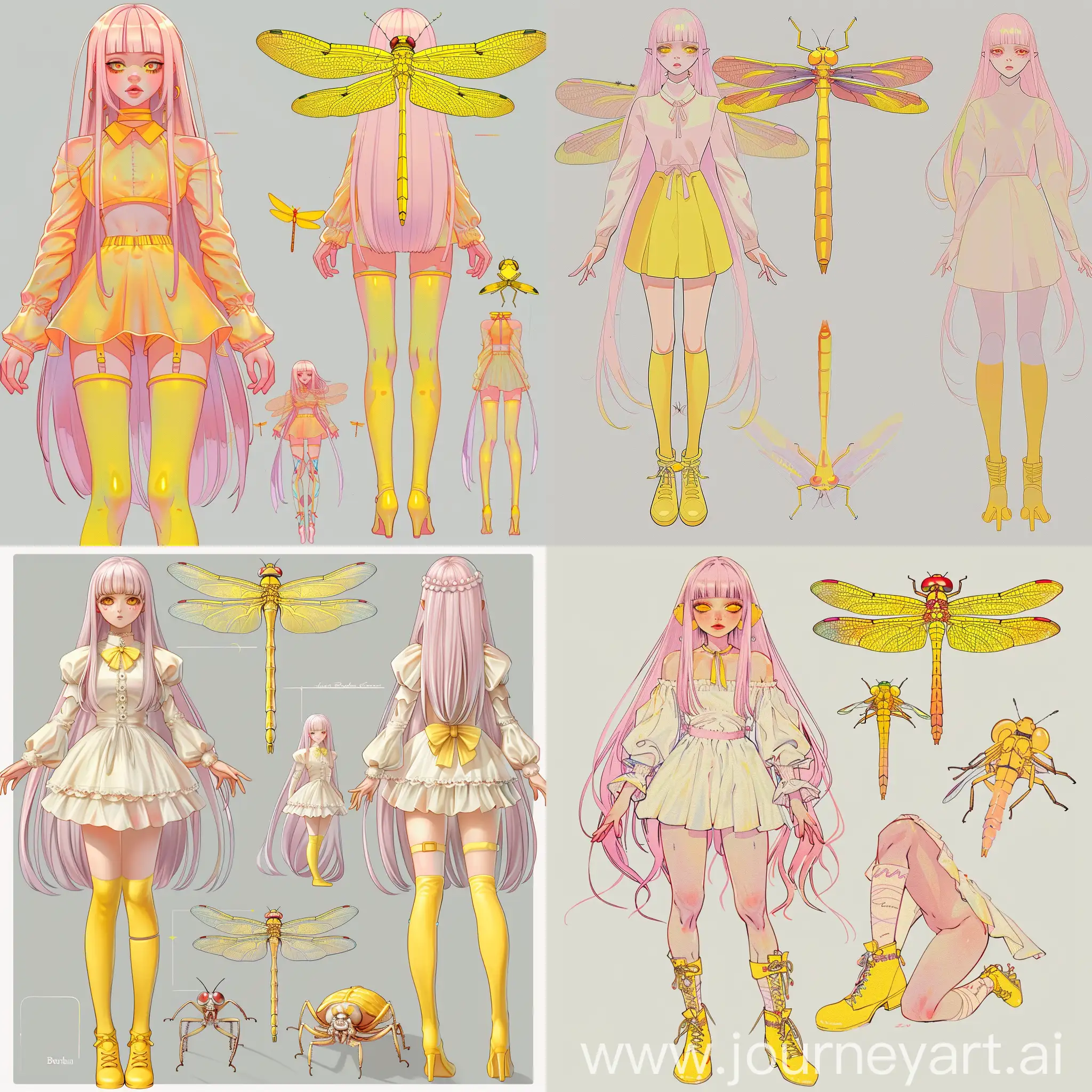 1girl, yellow footwear, pastel pink hair, yellow dragonfly, bug, dragonfly, closed mouth,yellow eyes, red eyes, bangs, Bertha, kneehighs, long sleeves, looking at viewer, female focus, multiple views, long hair, dress, standing, thighhighs