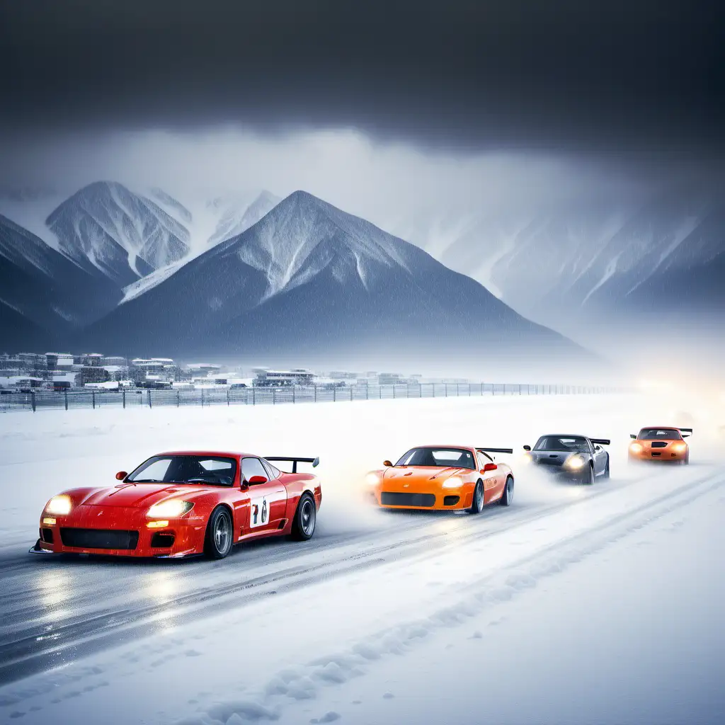 sports cars racing across snow and ice in a snow storm  towards us with mountains behind with motion blur and lights
