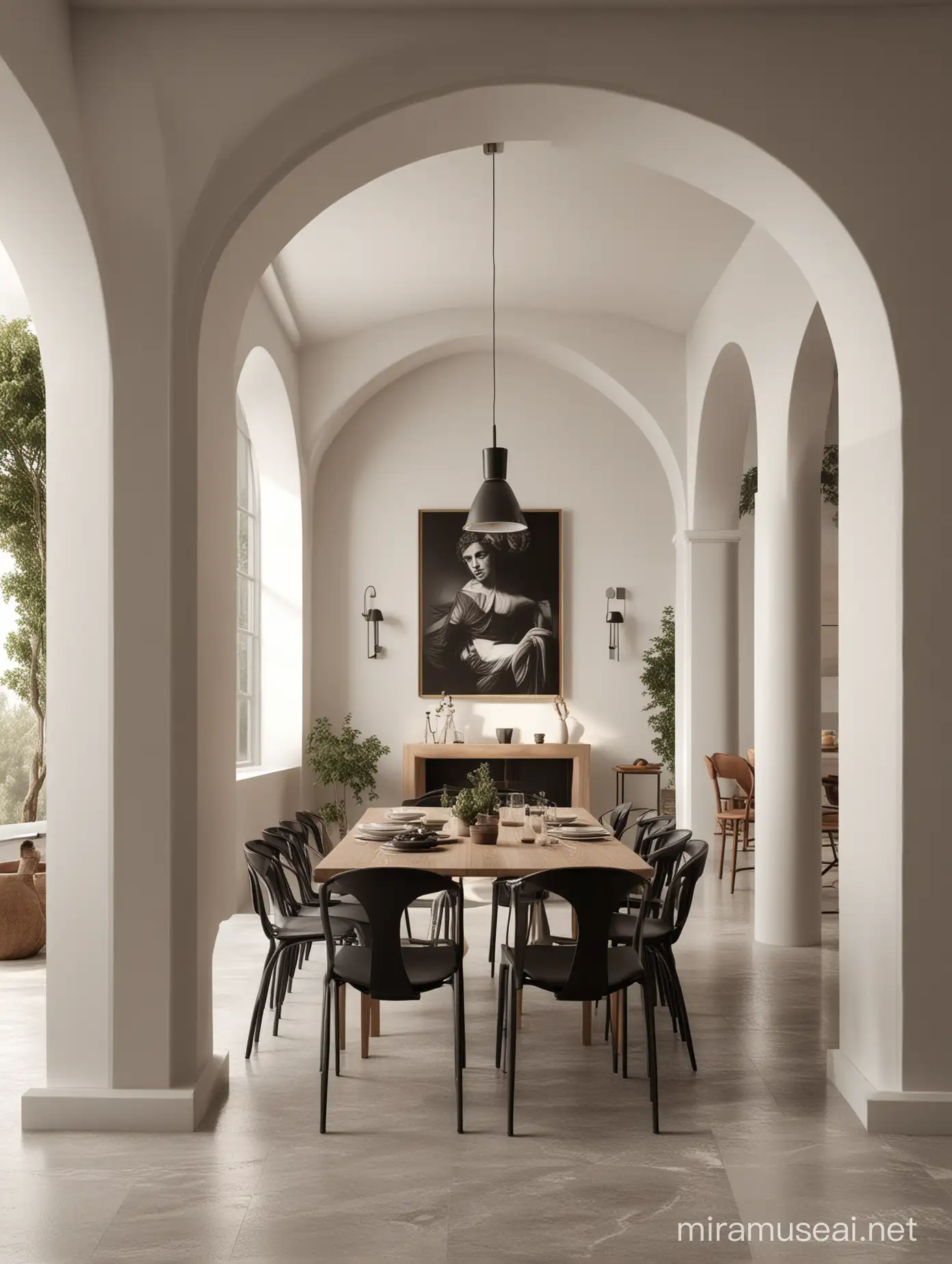 hyper realistic render of a modern dining room by studio nina, in the style of greek and roman art and architecture, ethereal and otherworldly atmosphere, subdued minimalism, contrasting shadows, arched doorways, light black and brown, black and white mastery