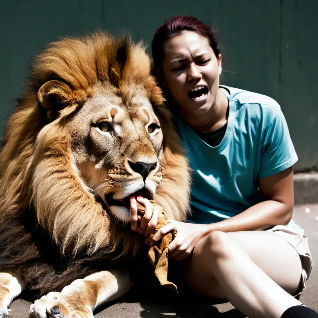 person sitting next to a lion who is chewing on their arm