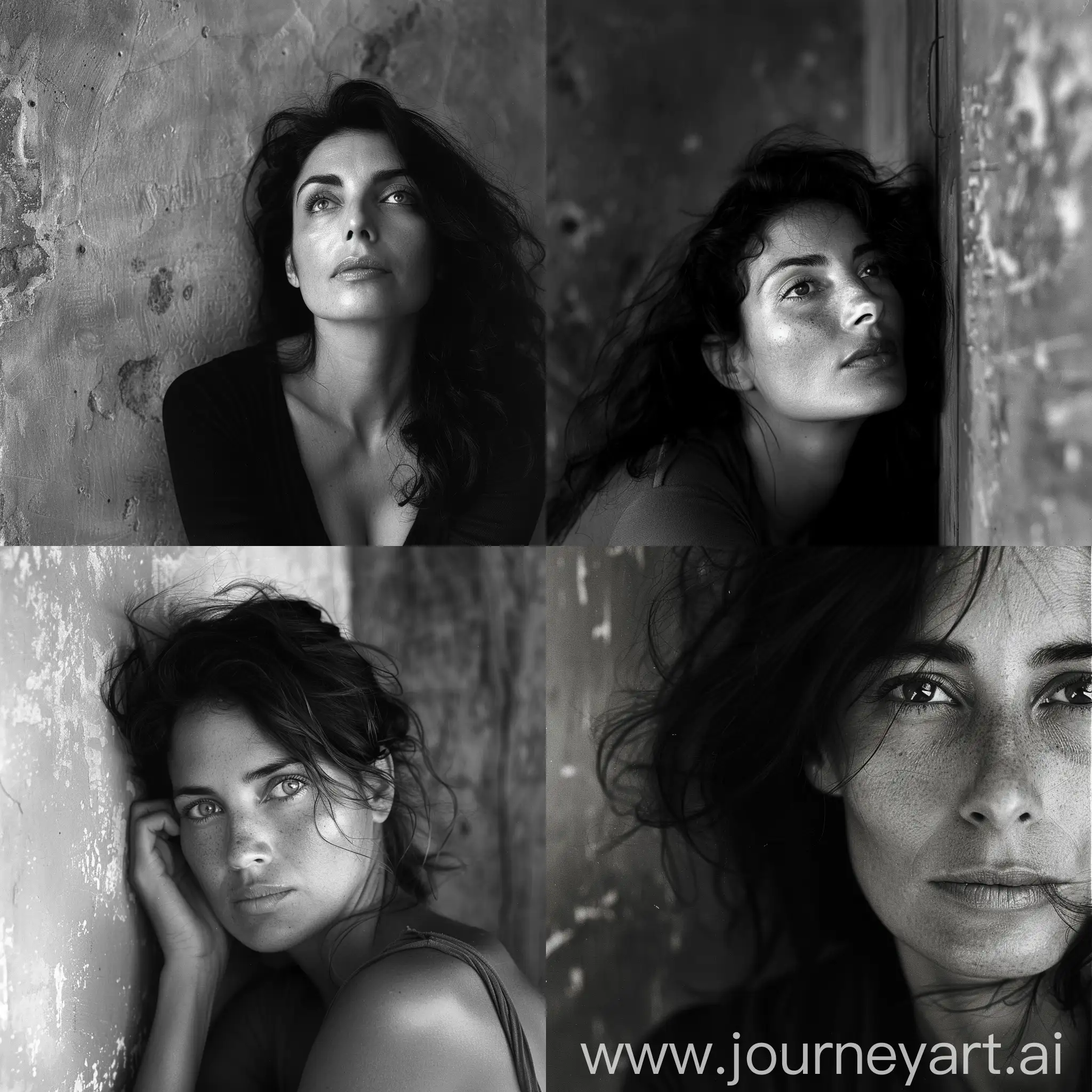 studio photo portrait of an attractive 40 years old Italian woman, assured and confident expression, deep and captivating eyes, looking at camera, eye contact, cinematic style, shot with Ilford HP5+ 400 ::3 by Ferdinando Scianna::3   --style raw
