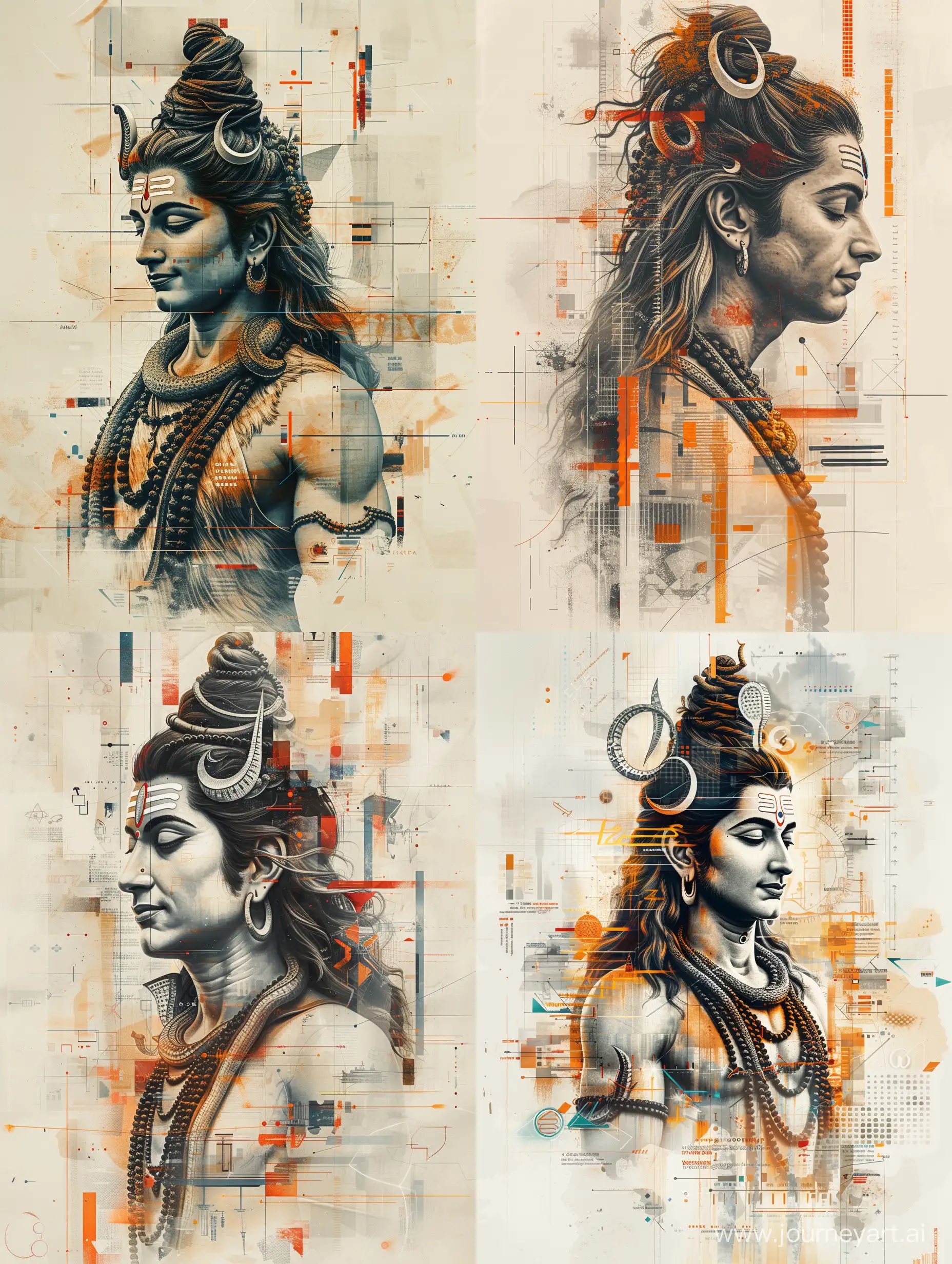 Captivating contemporary-style minimalist collage featuring Lord Shiva against a backdrop of sleek business elements. Utilize clean lines, bold shapes, and a restrained color palette to convey both the iconic stature of Lord Shiva and the dynamic, modern spirit of the business world. Integrate subtle symbols of commerce, technology, and innovation to seamlessly blend the historical and the contemporary. Your artwork should evoke a sense of balance between tradition and progress, showcasing Lord Shiva as a timeless symbol within the context of a sophisticated business environment.--ar 9:16 --stylize 250 --v 6
