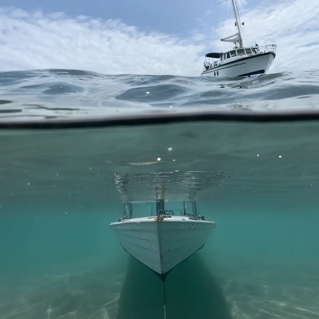  looking up through the water to a boat on the surface