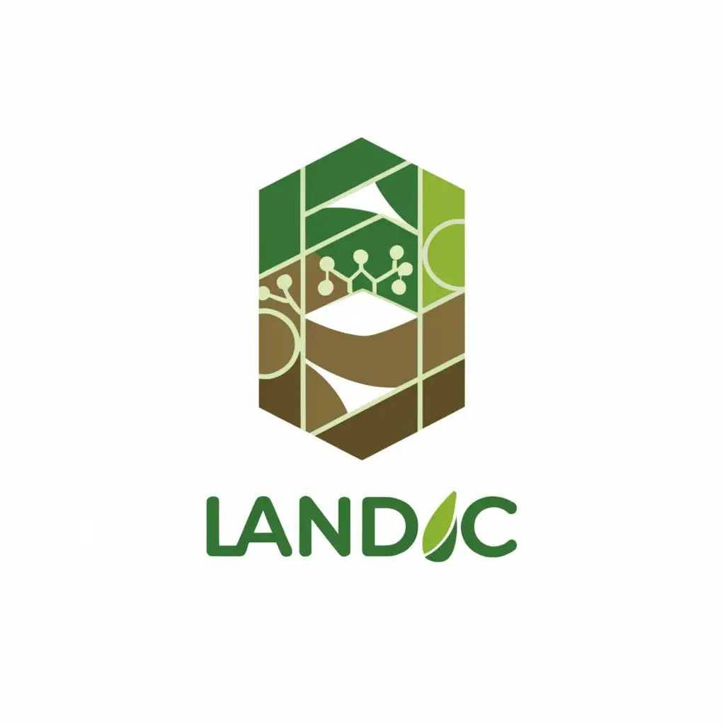 a logo design, with the text 'Landic', main symbol:•	Iconography: A stylized representation of land or earth to symbolize real-world assets, intertwined with a digital or abstract element that represents blockchain technology.	•	Color Palette: Earthy tones like greens and browns to represent the land, complemented by blues or metallic hues to signify technology and trust.	•	Typography: Modern and clean font that conveys stability and professionalism. The typeface should be easy to read yet distinctive enough to create a strong brand recall.	•	Versatility: The logo should be scalable, working well in various sizes and across different mediums, from digital platforms to physical marketing materials.

Imagery:

The primary imagery could be a combination of a leaf or a tree, which are universal symbols of growth and sustainability, merged with a subtle grid pattern or circuit lines that suggest technology.
Alternatively, a globe or an abstract land shape with a digital pulse or data points flowing through it could represent the global reach and technological backbone of LANDIC.
Symbolism:

The intertwining of natural and digital elements should not only represent the merging of these two worlds but also suggest harmony and a forward-thinking approach.
The logo should evoke a sense of trust and longevity, reassuring investors of the stability and future-proof nature of their investment.