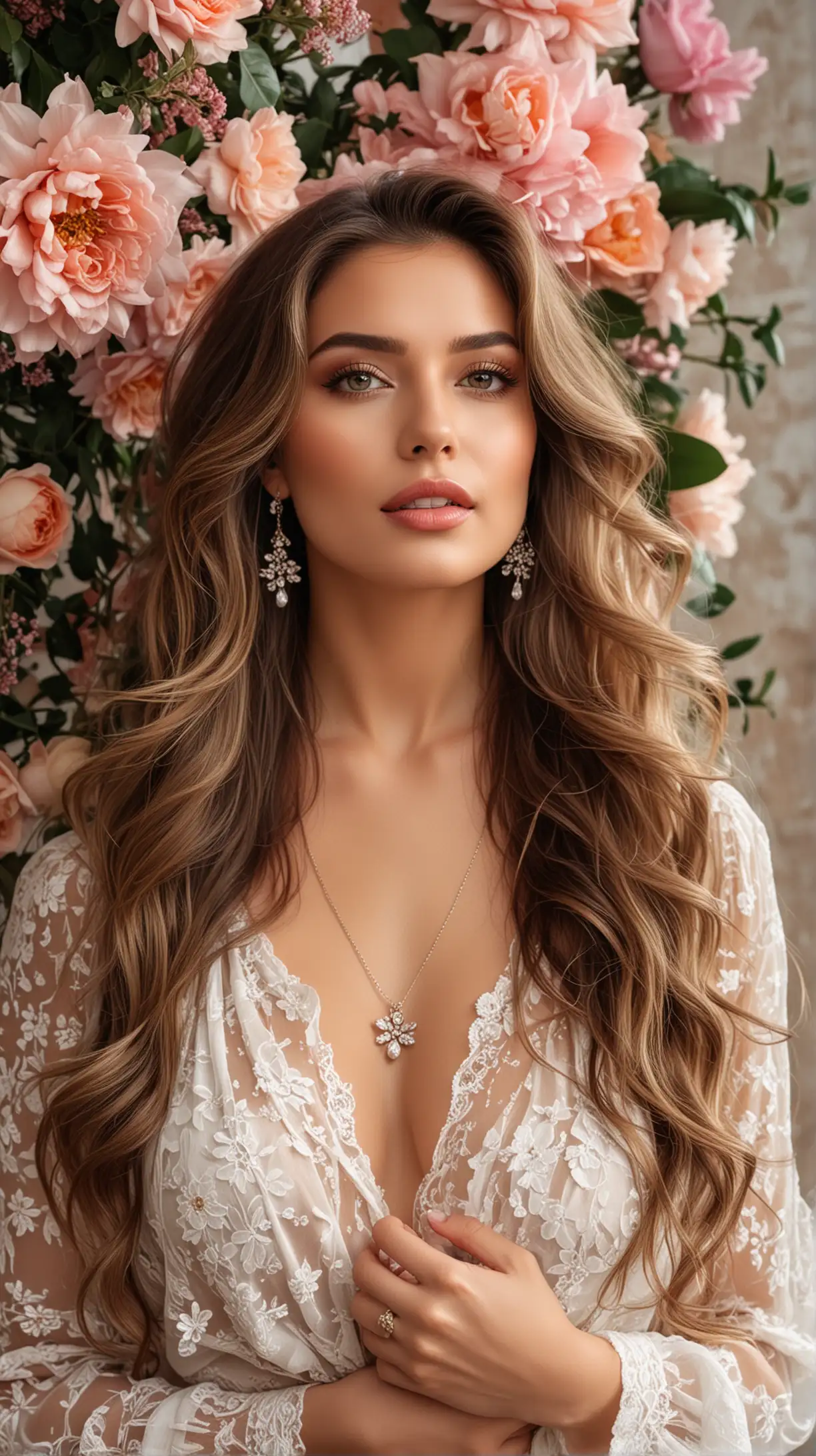 photoshoot with wall of flowers background of beautiful woman, dressed nicely with sheer blouse, nice jewelry, beautiful big nude lips, makeup, long  balayage wavy hair, with captivating eyes and a passionate expression, holding a big bouquet of flowers to her chest, ultra-realistic