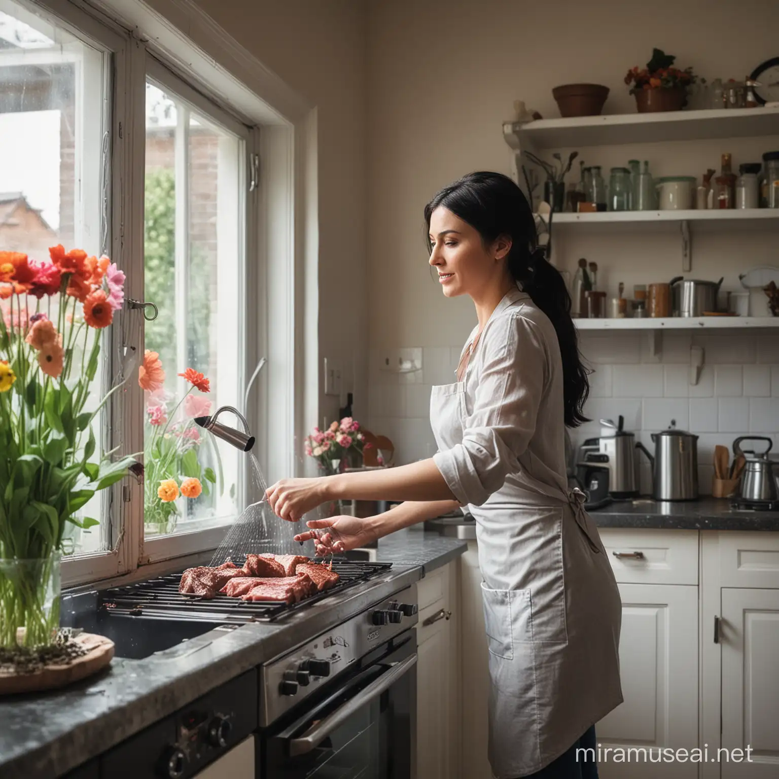 A beautiful dark haired woman cooking meat in the oven and watering flowers in the kitchen window at the same time