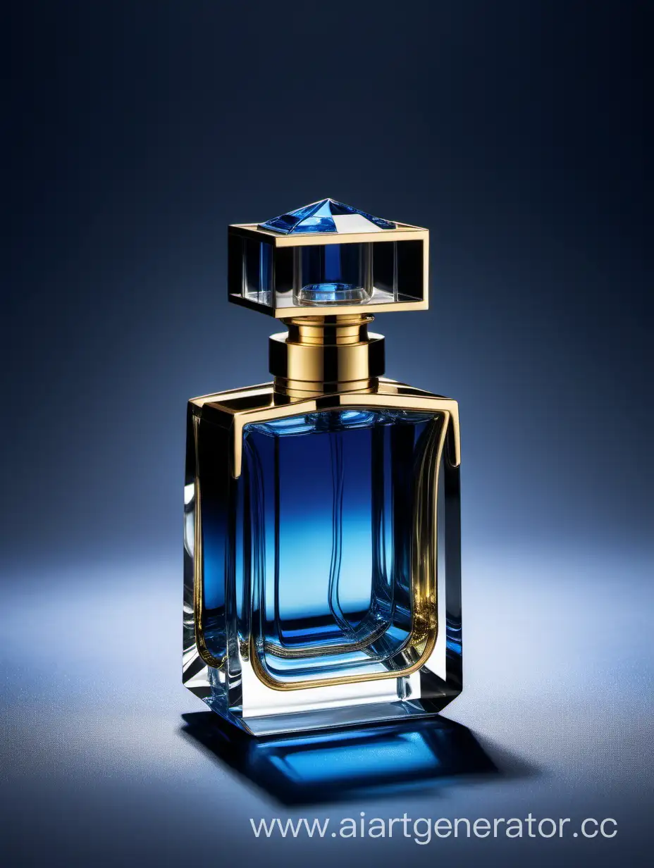 a crystal clear perfume bottle made of blue ,black and gold
transparent