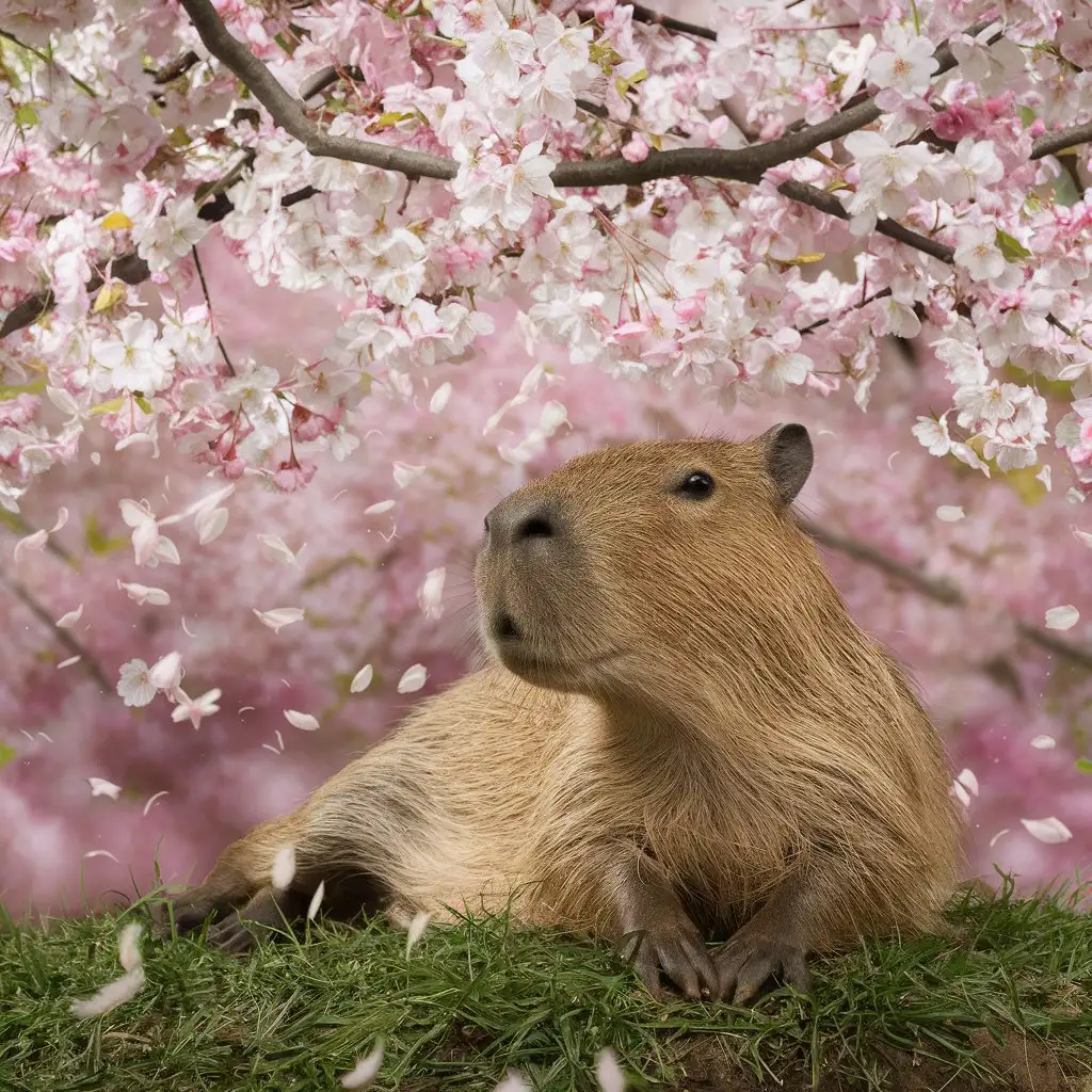 Capibara amidst Sakura Blossoms