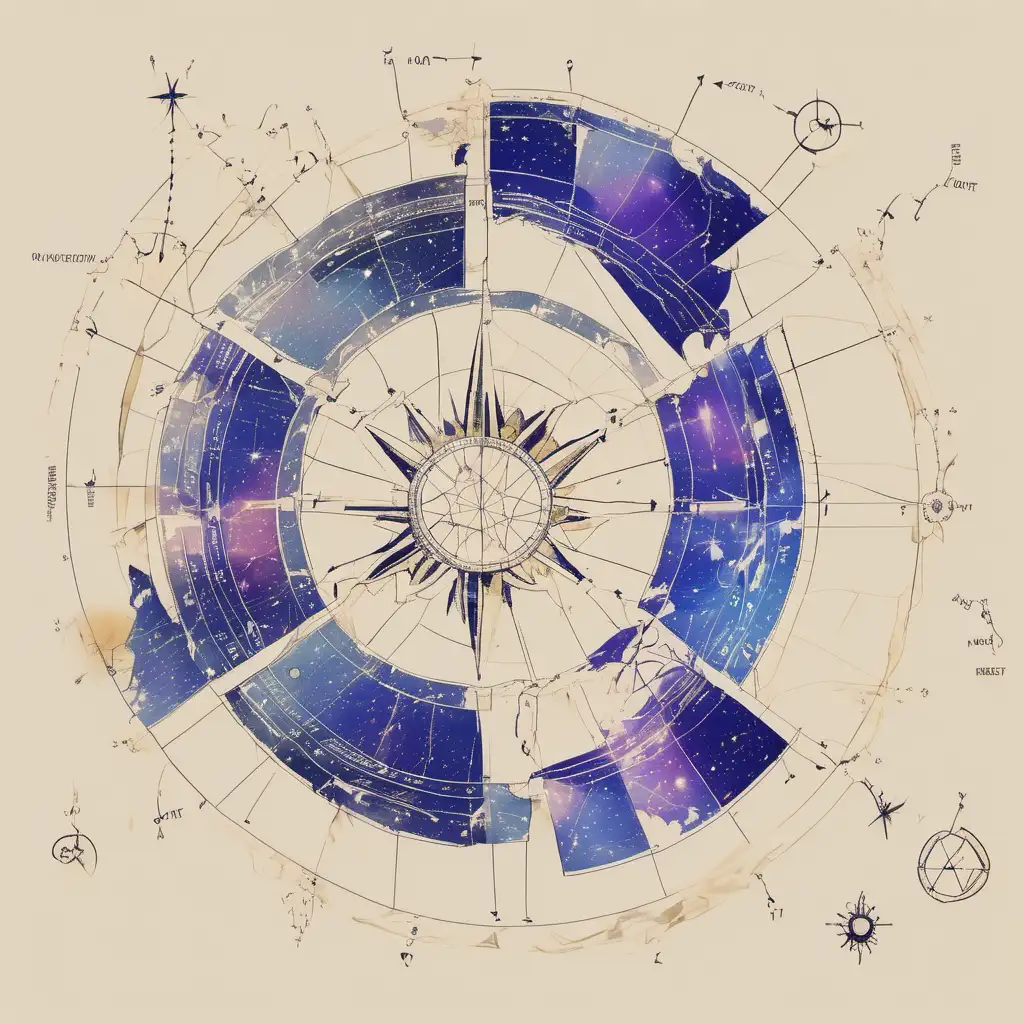i want a astrology wheel with loose lines. parts of the wheel would look fragmented and broken apart as referance image.  There may be an explosion that breaks in the wheel.
Chunks of the ring floating outside the main circle shape