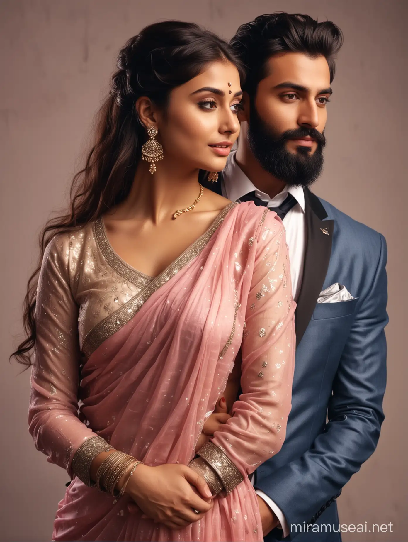 full portrait photo of most beautiful european couple as most beautiful indian couple, most beautiful girl in saree, full makeup, embracing  man from back side, . girl holding man from back, girl holding man from back  with emotional attachment and ecstasy, man with stylish beard and in formals and tie, photo realistic, 4k.