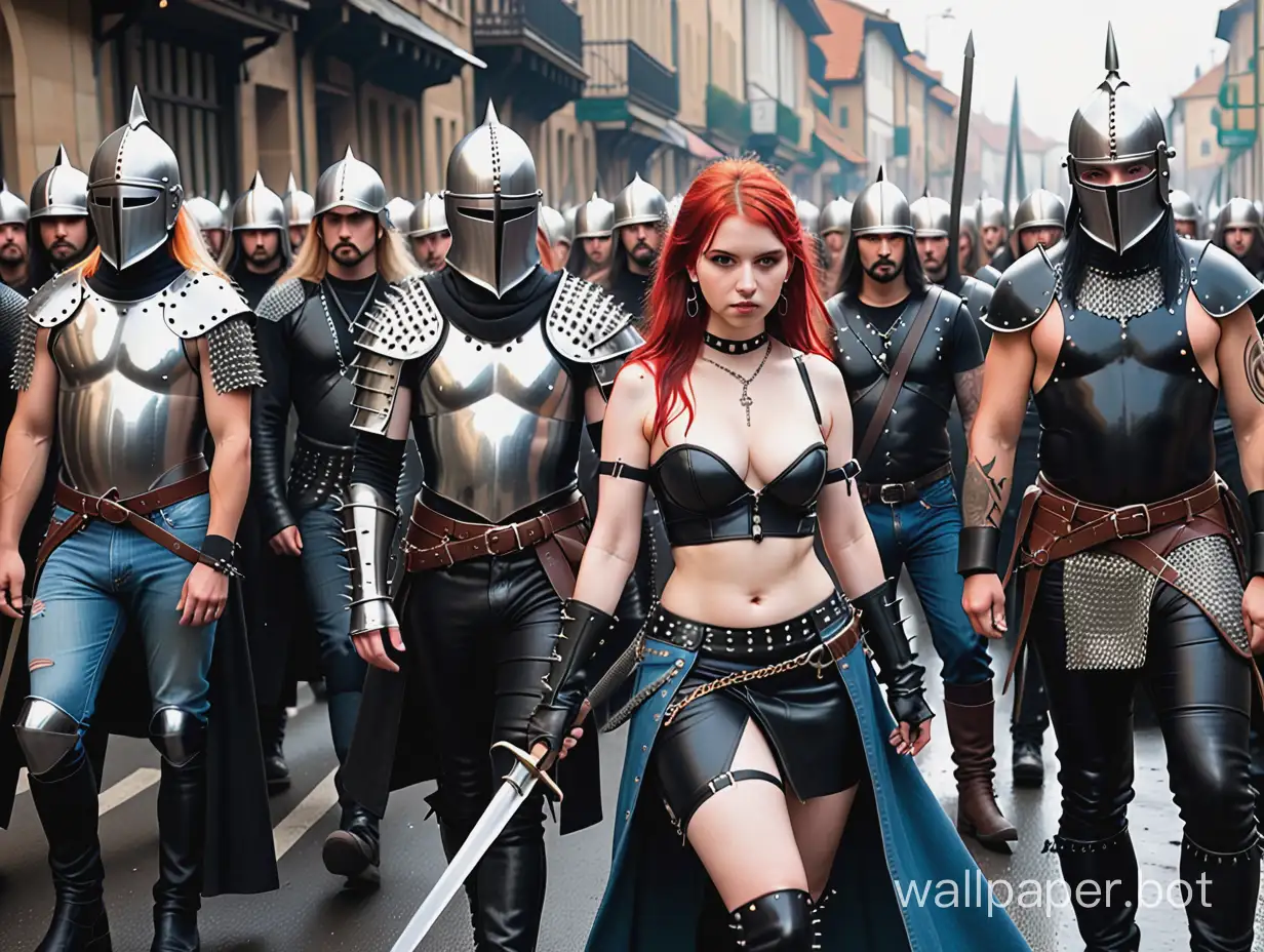 A riot with medieval weapons  of Metalheads  and  Punks and Goths and Rockers and Thrashers  and Crusties  and nude girls with studded and spiked leather and denim accessories and spiked vambraces and chainmail hauberks, armour , BDSM gear and chains  rioting with poleaxes, halberds, billhooks, falchions, longswords, rondel daggers,, and bollock daggers