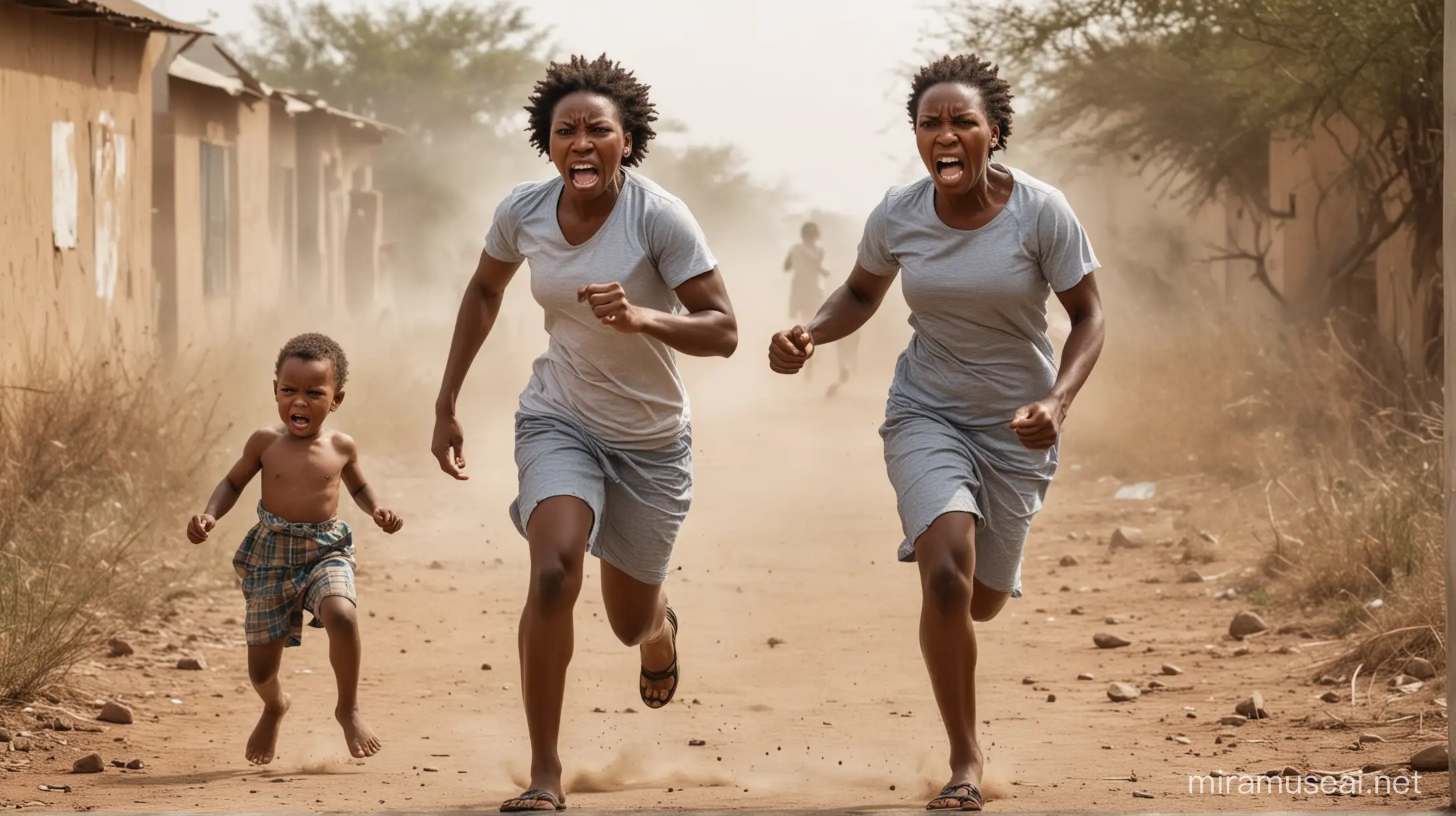 a photo of an angry mother chasing her son while he runs infront of her crying. they are all africans
