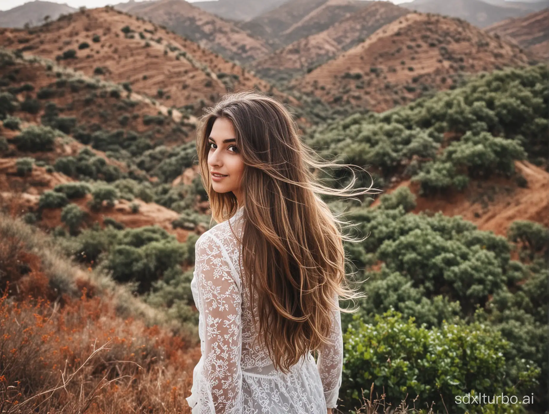 Indian white girl on beautiful landscapes with hair waive
