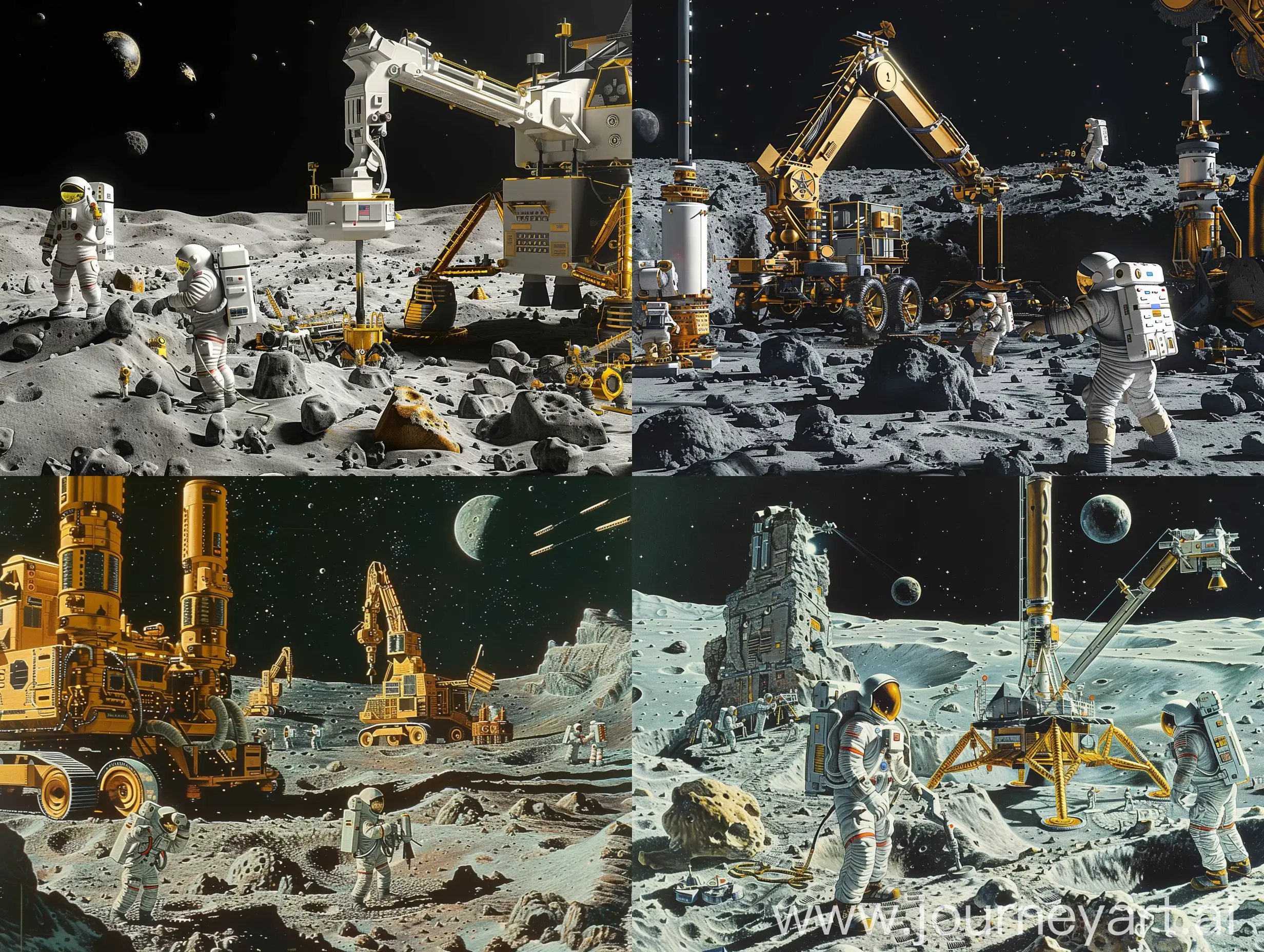 帮助我生成一个对月球钻探的照片，有智能化机器，有宇航员操纵，有月球基地等，具有高科技