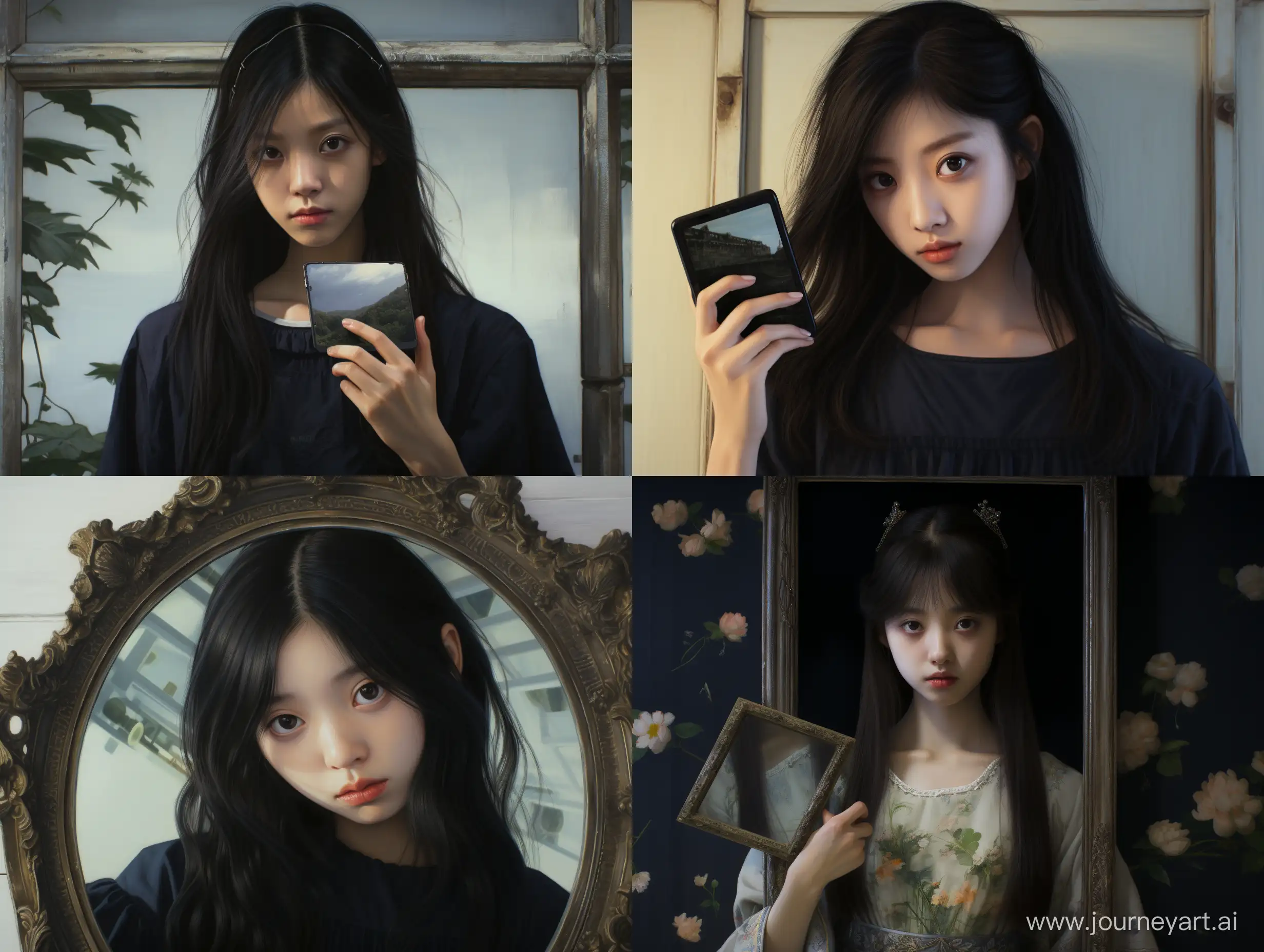Hyper realistic image of a black haired 16 year old japanese girl mirror selfie