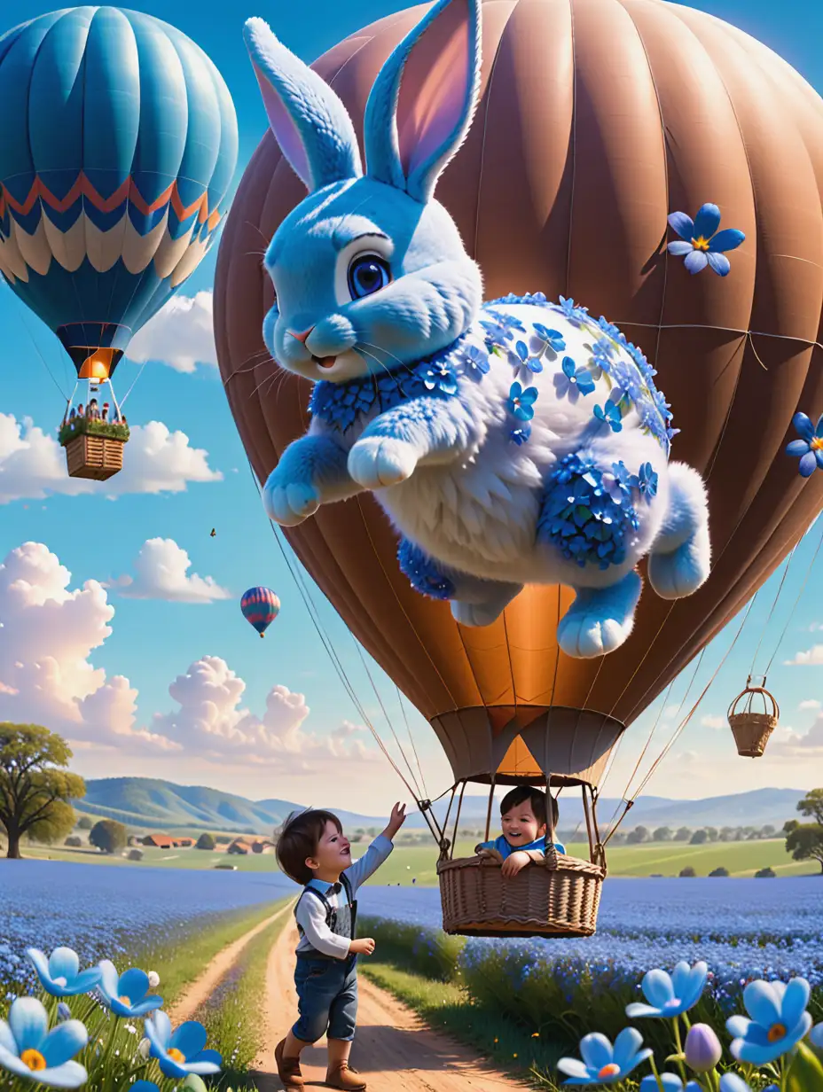 Young boy in a field full of blue flowers and a playful fluffy blue easter bunny in a Hot Air Balloon