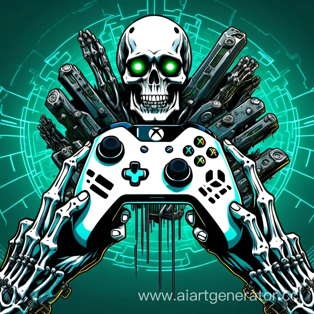 рука скелета держит геймпад от xbox one в стиле кибер панк