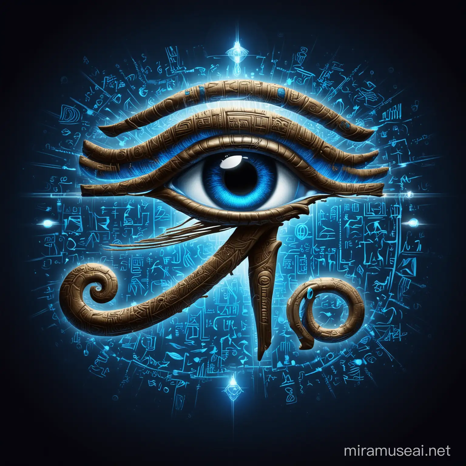 Transparent Background, profile view,  eye of Horus,left and right, blue, with illuminated hieroglyphics all around it, blue, also with illuminated hieroglyphs