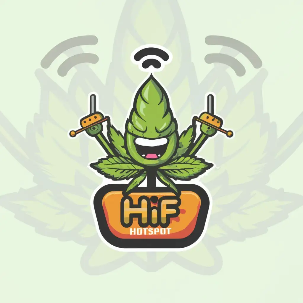 a logo design,with the text "HifiPotspot", main symbol:Cartoon Weed Cannabis plant holding a Wi-Fi hotspot sign sticker,Moderate,clear background