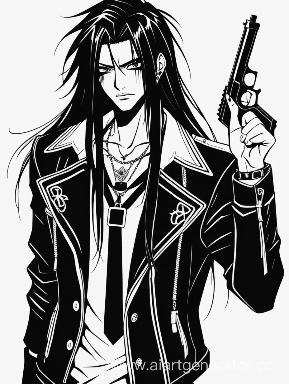handsome Yandere Stalke, guy, with long black hair, punk, tall, with a lip piercing. black and white image. With a gun