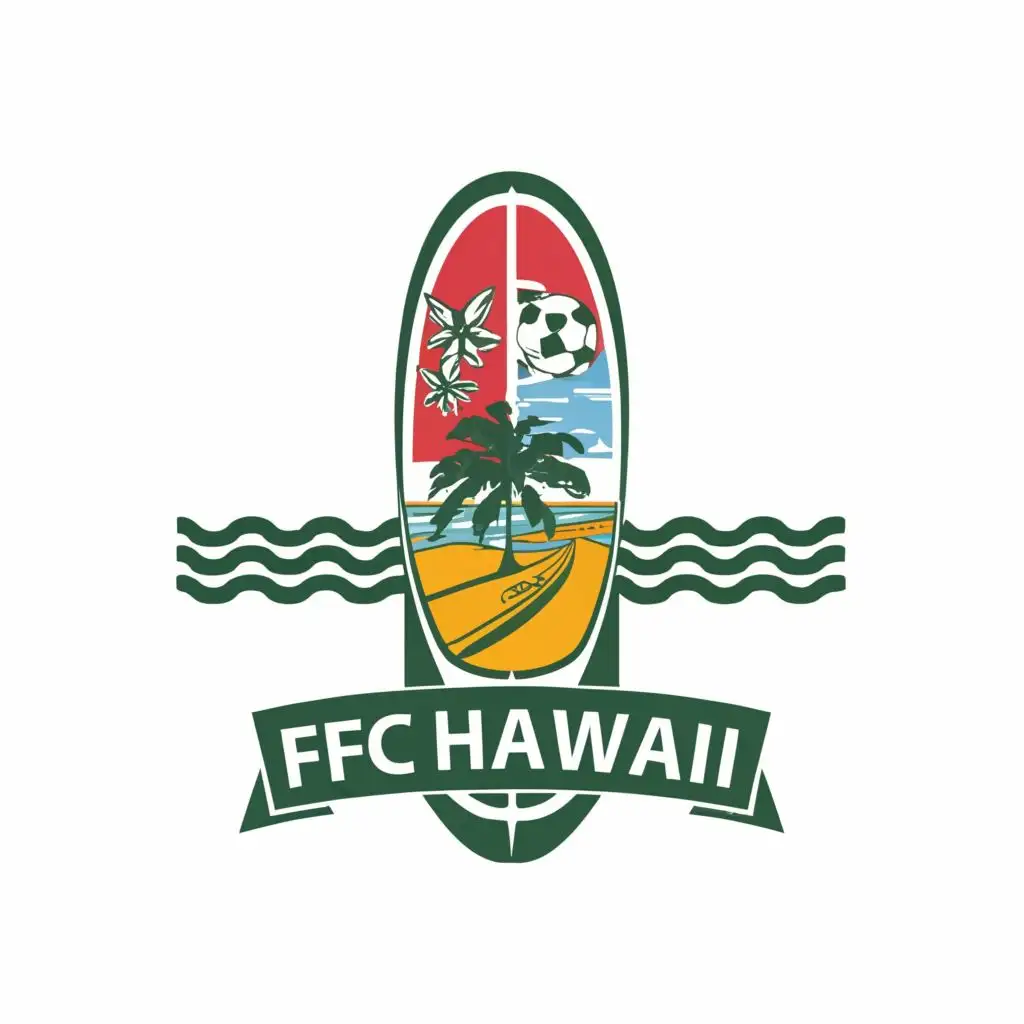 logo, Hawaiian flag in the shape of a surfboard with “FC HAWAII” as a banner across the bottom, with the text "FC HAWAII", typography, be used in Sports Fitness industry