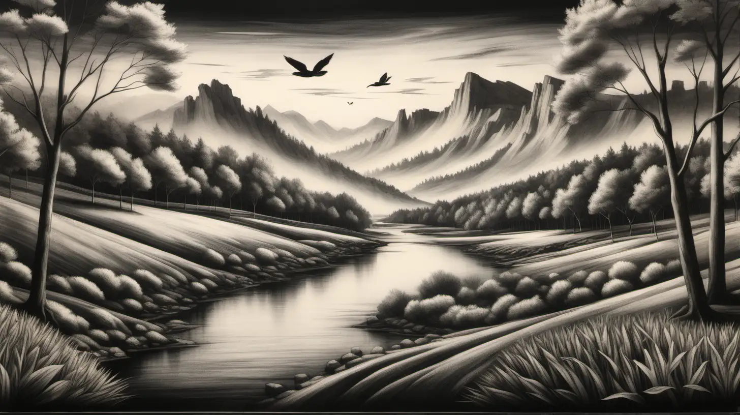 charcoal image of natural landscape, scenic view, spring, and nature-inspired design