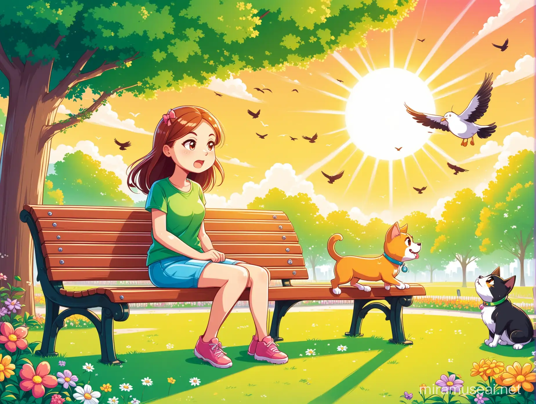 a girl sitting on a bench in a park and her dog is sniffing the bench. Next to the bench two cats are fighting. colorful cartoon style. nice flowers, sun shining, birds flying