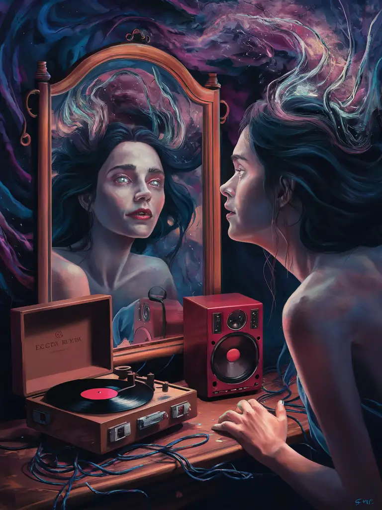 Digital painting of a beautiful woman looking into a mirror while listening to music, but her reflection is distorted and warped, revealing the inner turmoil and negative influence of the music on her psyche.