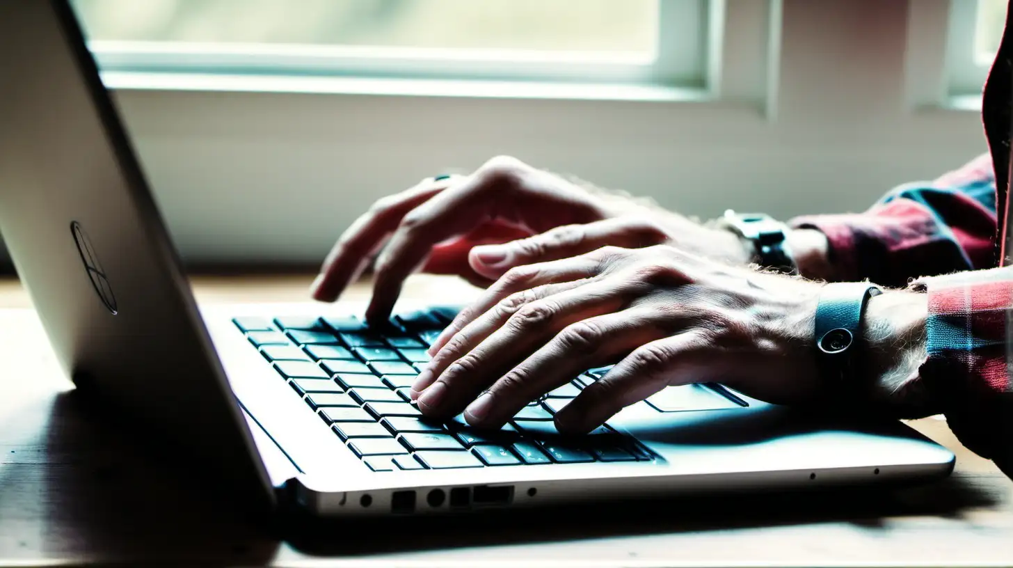 closeup, laptop, hands, typing, window, natural light, hipster