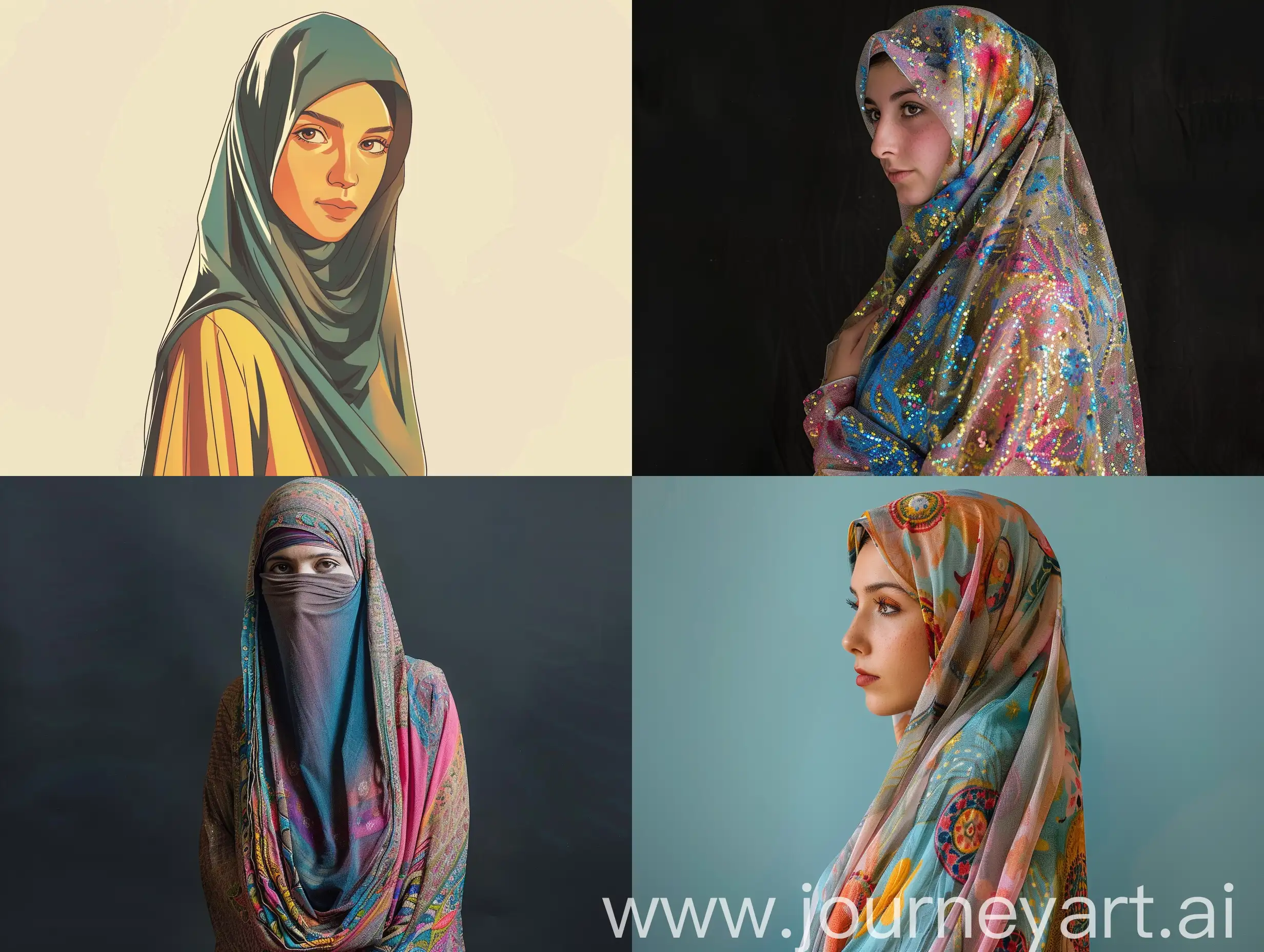Hourieh is a 33-year-old religious Muslim woman, certainly kind and strict, studying postgraduate studies in World Studies and Theology, always wearing a long shirt and a long veil with pretty and bright colors --v 6 --ar 4:3 --no 87727