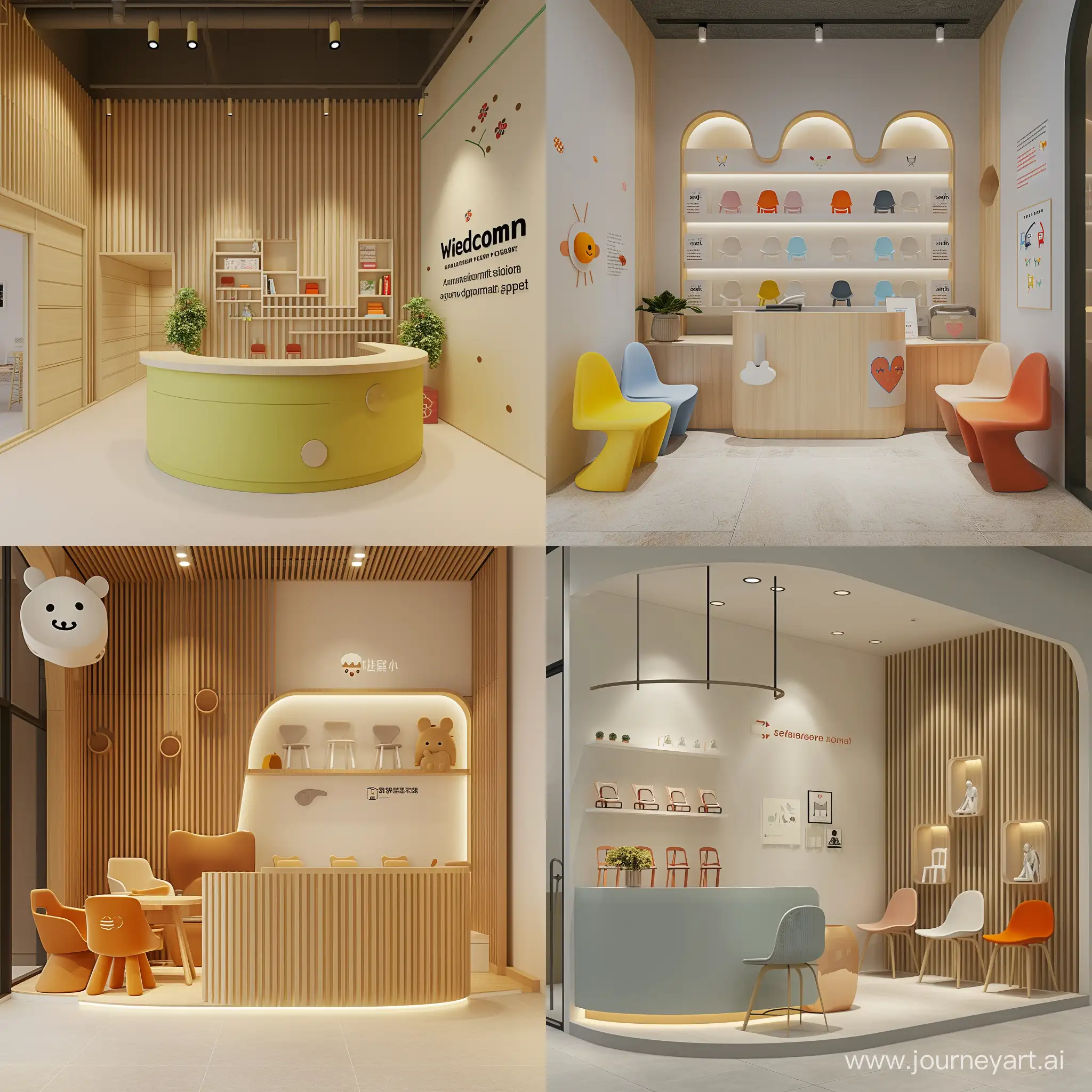 create me an image of Entrance Area (Welcome Zone and Story Wall) of kids chair showroom
Purpose: A welcoming area and an informative space about the chair collections.
Estimated Area: Approximately 10% of the total space.
Size: Around 4.5 square meters.                                                                                                                                                                          Structure and Layout: Compact reception desk; a vertical story wall to minimize space usage.
Appearance: Welcoming; uses branding and design elements reflective of the sustainable ethos.realistic style