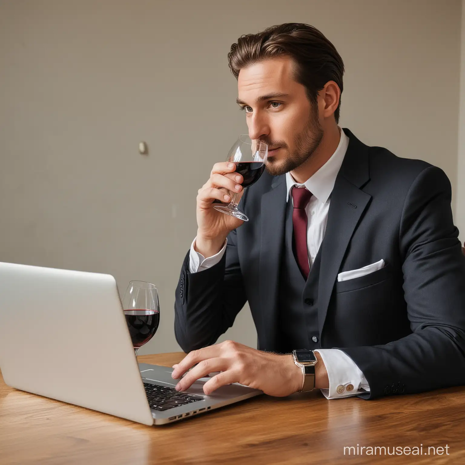 A man in a suit drinking wine in front of a table with a laptop on it