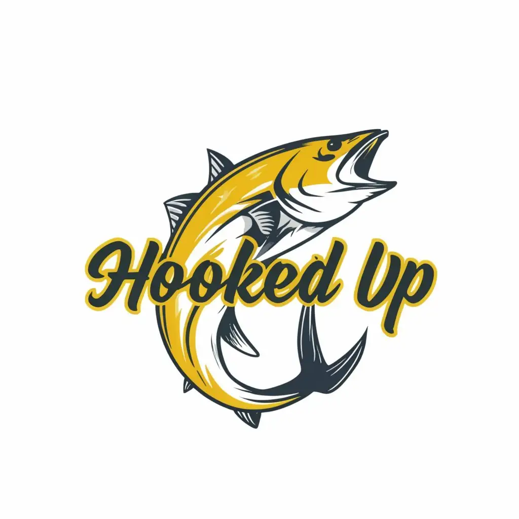a logo design,with the text 'Hooked Up', main symbol:Fish hooks and yellow fin tuna,complex,clear background