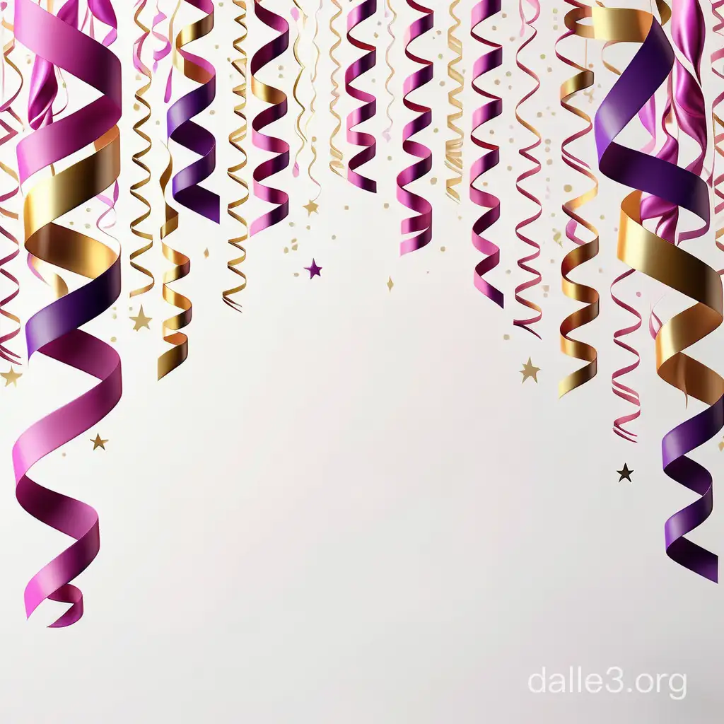 pink, purple and gold streamers, stars, bokeh, on a white background, digital rendering