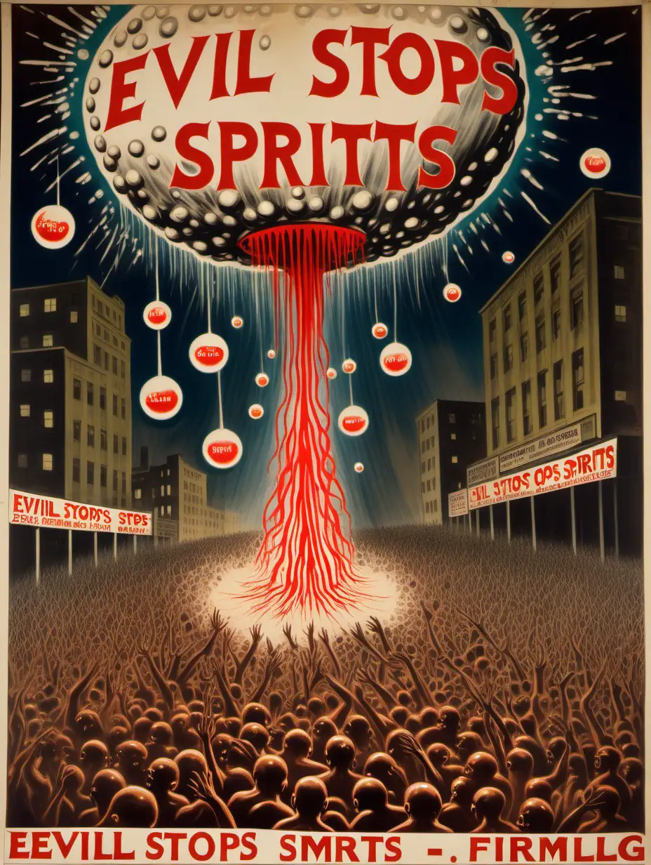 ancient hand painted protest poster, several evil fungus atomic bomb explosions, very wet and drippy,  electrical ball discharge, 1920 look, with the text "EVIL STOPS SPIRITS", nude protester crowds scrambling, neon light marquee 