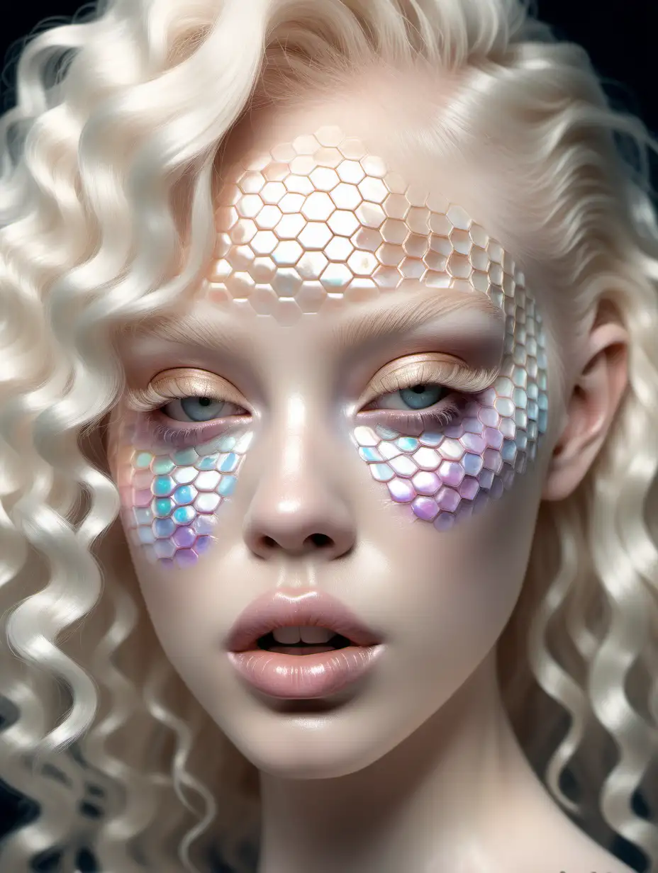 a model with honeycomb scales on her face, pearl iridescent colors, soft tones, albino model with extremely long and fluffy eyelashes , big juicy lips, hyperrealistic rendering, cuerpo entero
