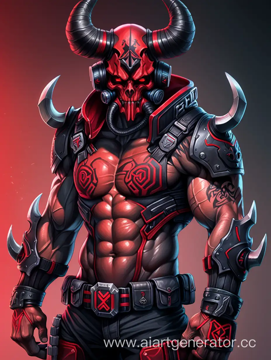 Demon, muscular body, red skin, cyberpunk black and red military armor, cyber respirator, helmet, rune tattoo, horns, male character