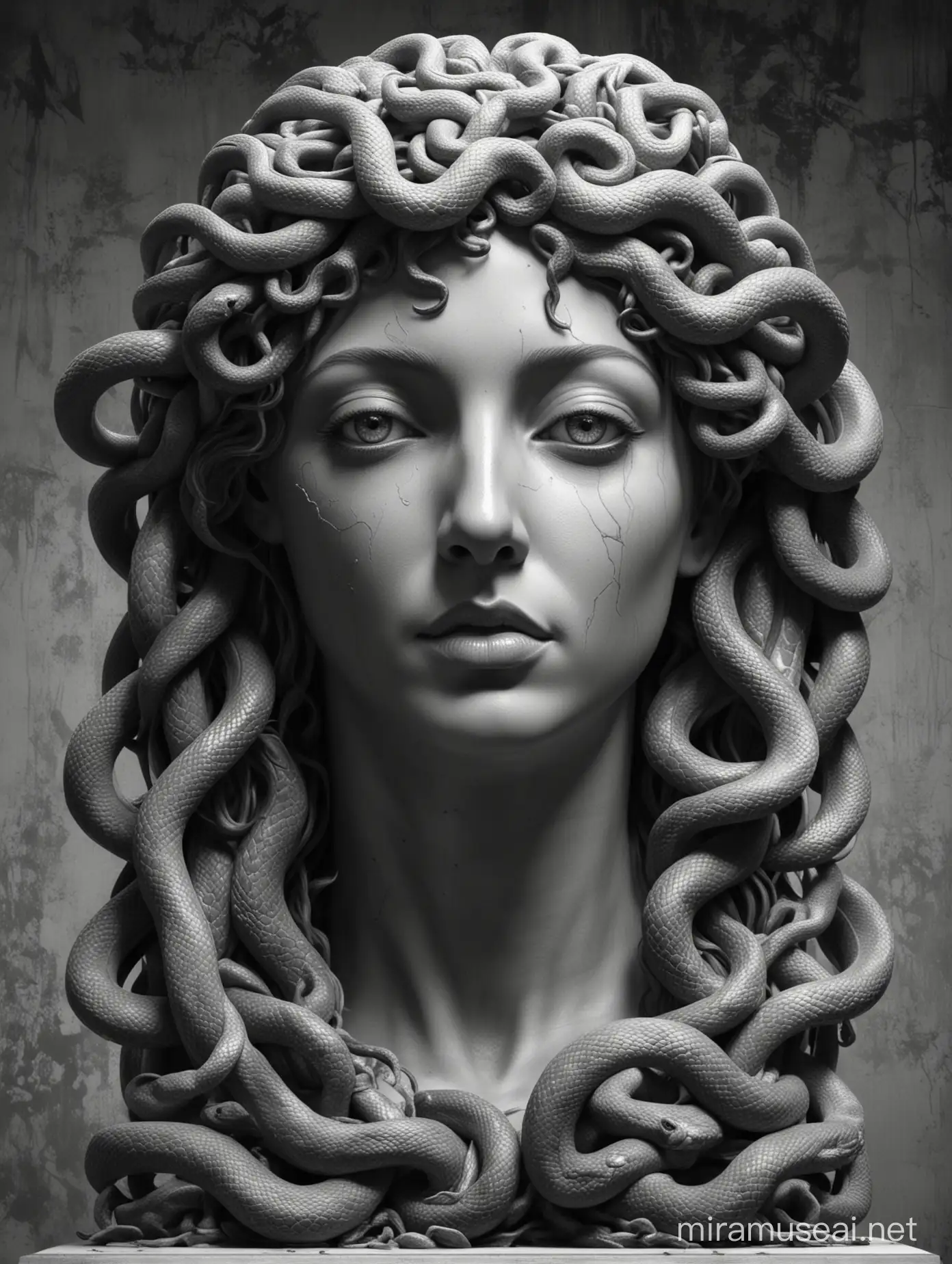 A black and white drawing of the head statue of Medusa with snakes, in front is an open letter in the style of Rob Hefferan, Artstation contest winner, polished concrete design, official game artwork, cartooncore