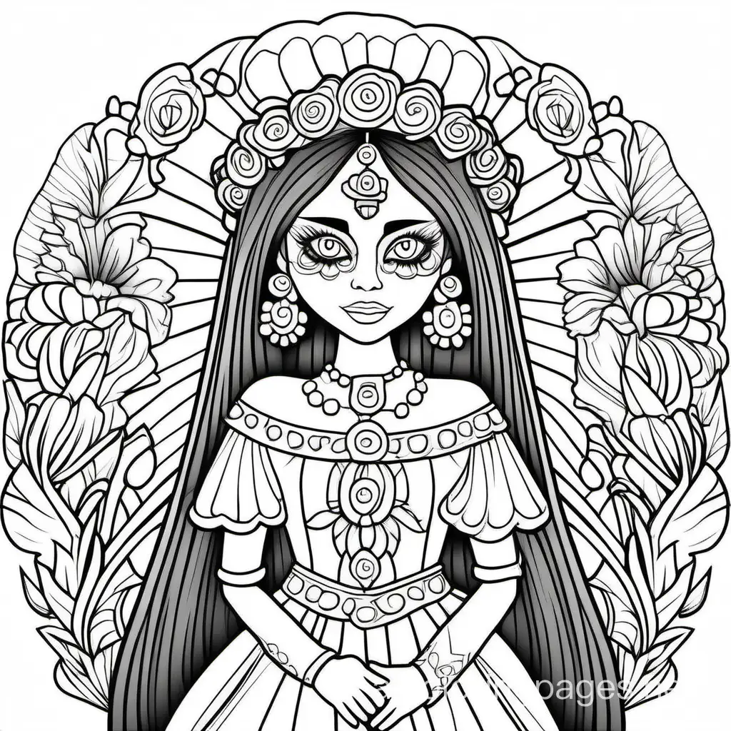 catrinas , Coloring Page, black and white, line art, white background, Simplicity, Ample White Space. The background of the coloring page is plain white to make it easy for young children to color within the lines. The outlines of all the subjects are easy to distinguish, making it simple for kids to color without too much difficulty
