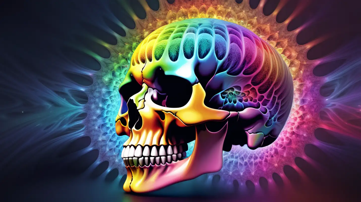 fractal images bursting out of a rainbow coloured skull
