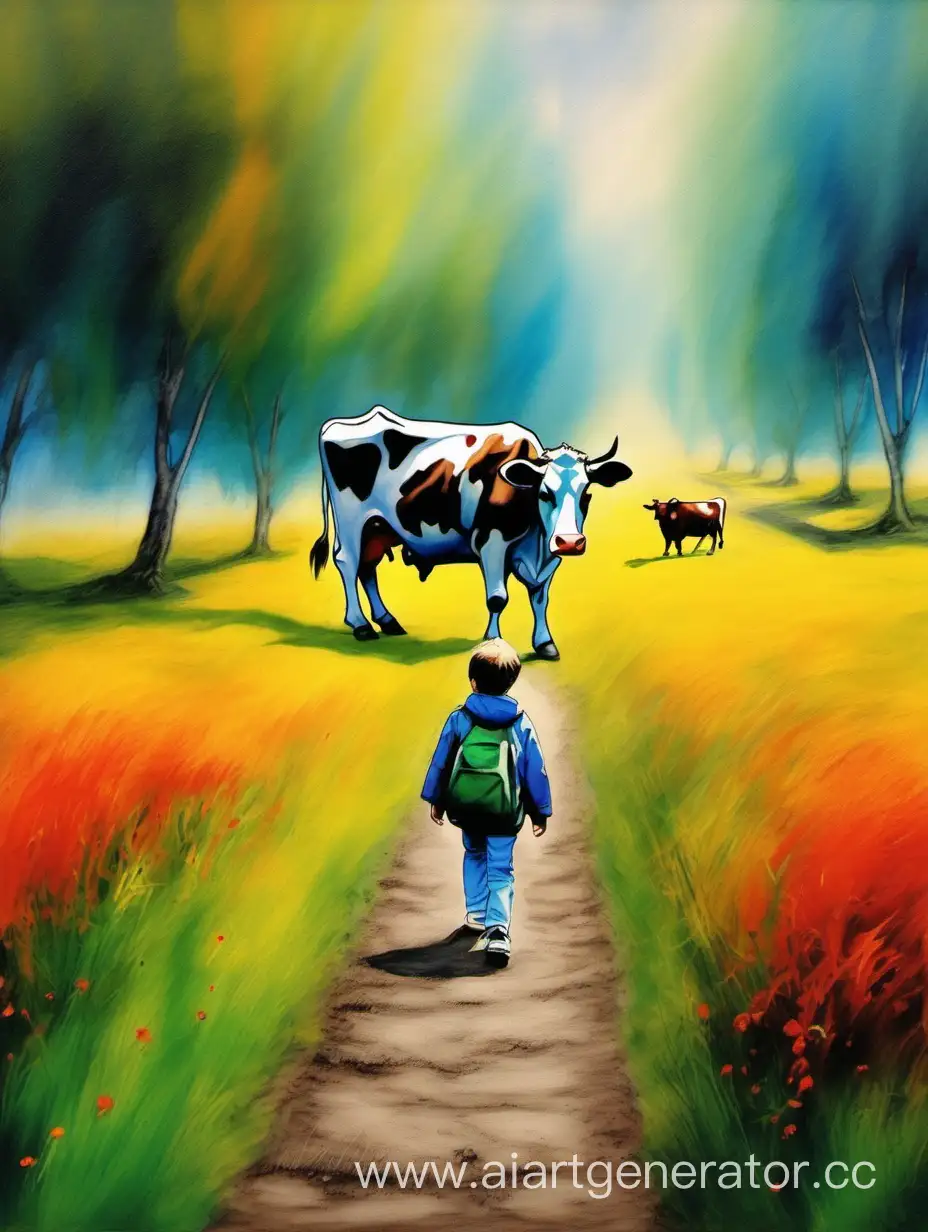 ребенок идет по дорошке и рядом корова в поле нарисованный  цветными