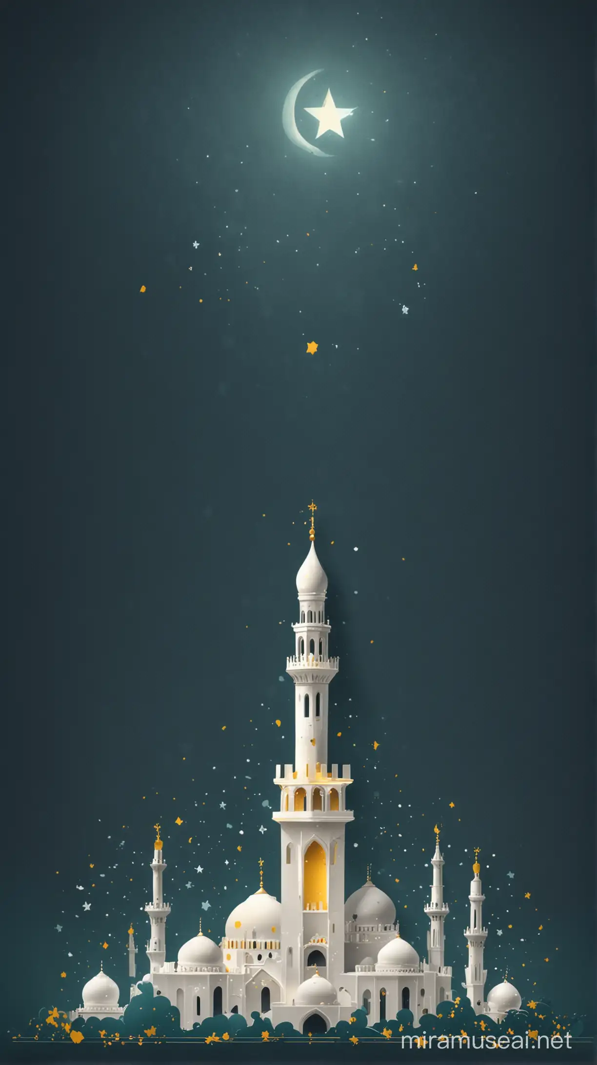 show me an image of a simplified vector mosque, color white, with drop shadow effects, with yellow star sprinkled all over the mosque moderately, dark blue or dark teal green simplified background, with lantern at the upper right corner, glowing, with the ratio of 750 x 1334 px, the purpose of this image is for company seasons greetings