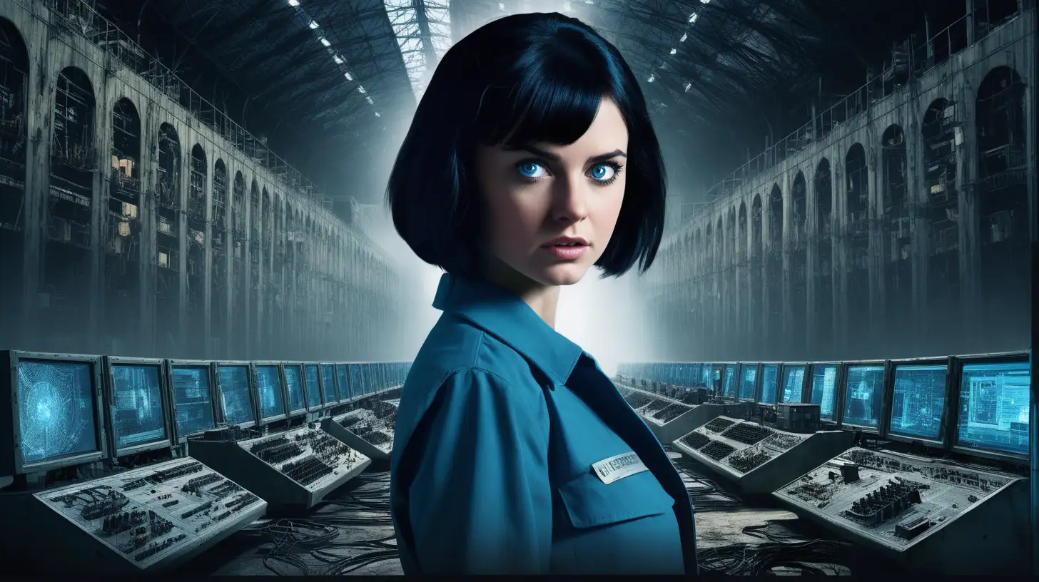 movie poster for "The Crime Machine" featuring a young woman with black hair and blue eyes that appears in both ecstacy and fear with background images of a giant abandoned industrial hanger bay, endless servers for a supercomputer and various scientists and engineers in civilian clothes in a secret mission control centre