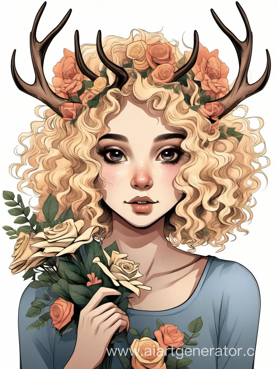 Девушка с короткими кудрявыми светлыми волосами и рогами оленя с букетом цветов
