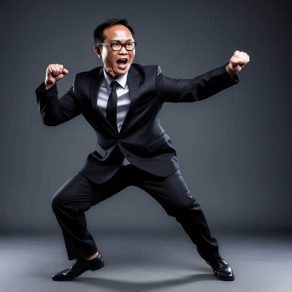 50-year-old Southeast Asian man with a round face, black short sleek hair, big forehead, wearing glasses, Wearing black suit, a full look of his face and body gesture,doing fighting jump pose